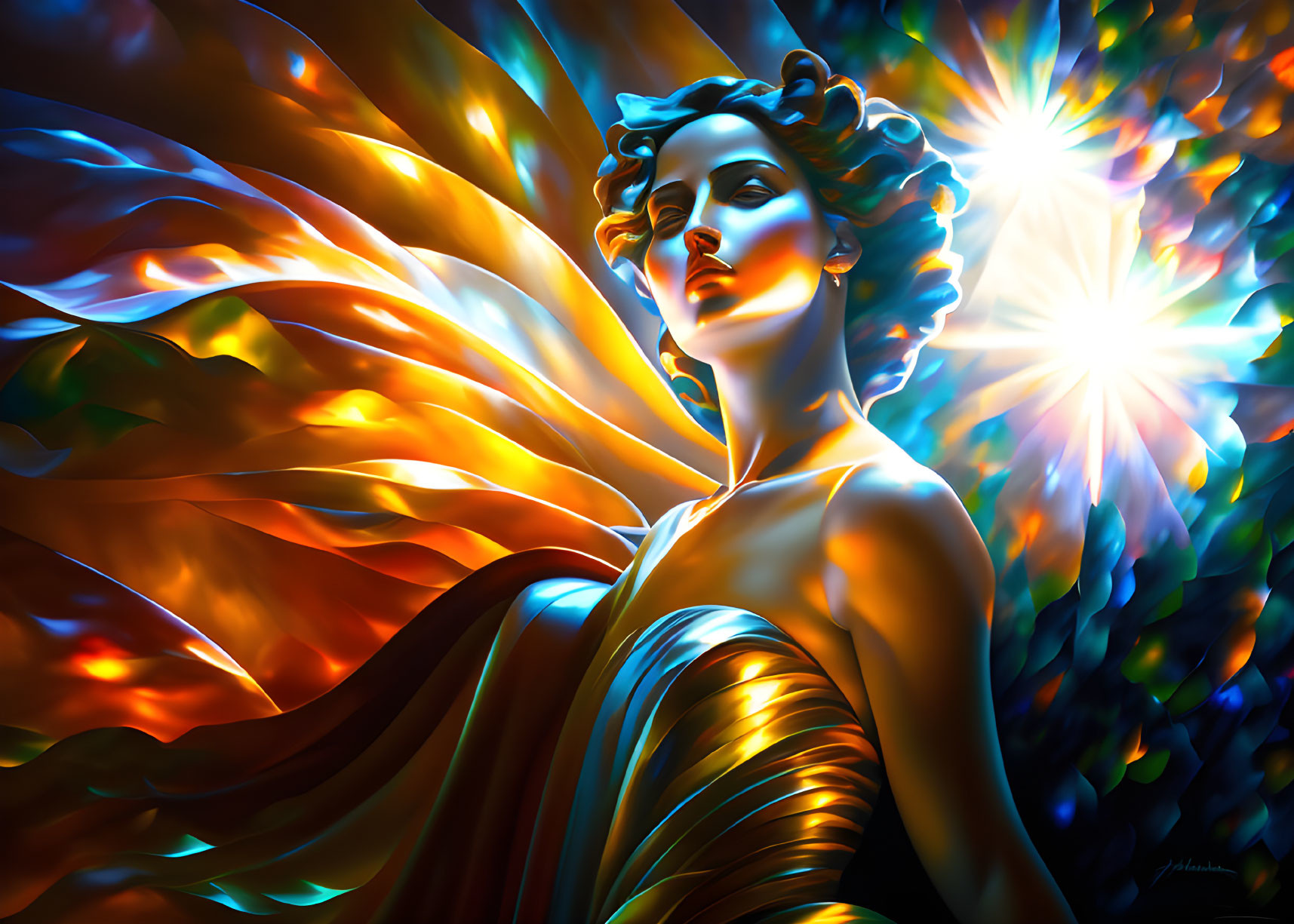 Colorful digital art: Woman with flowing hair in vibrant swirls