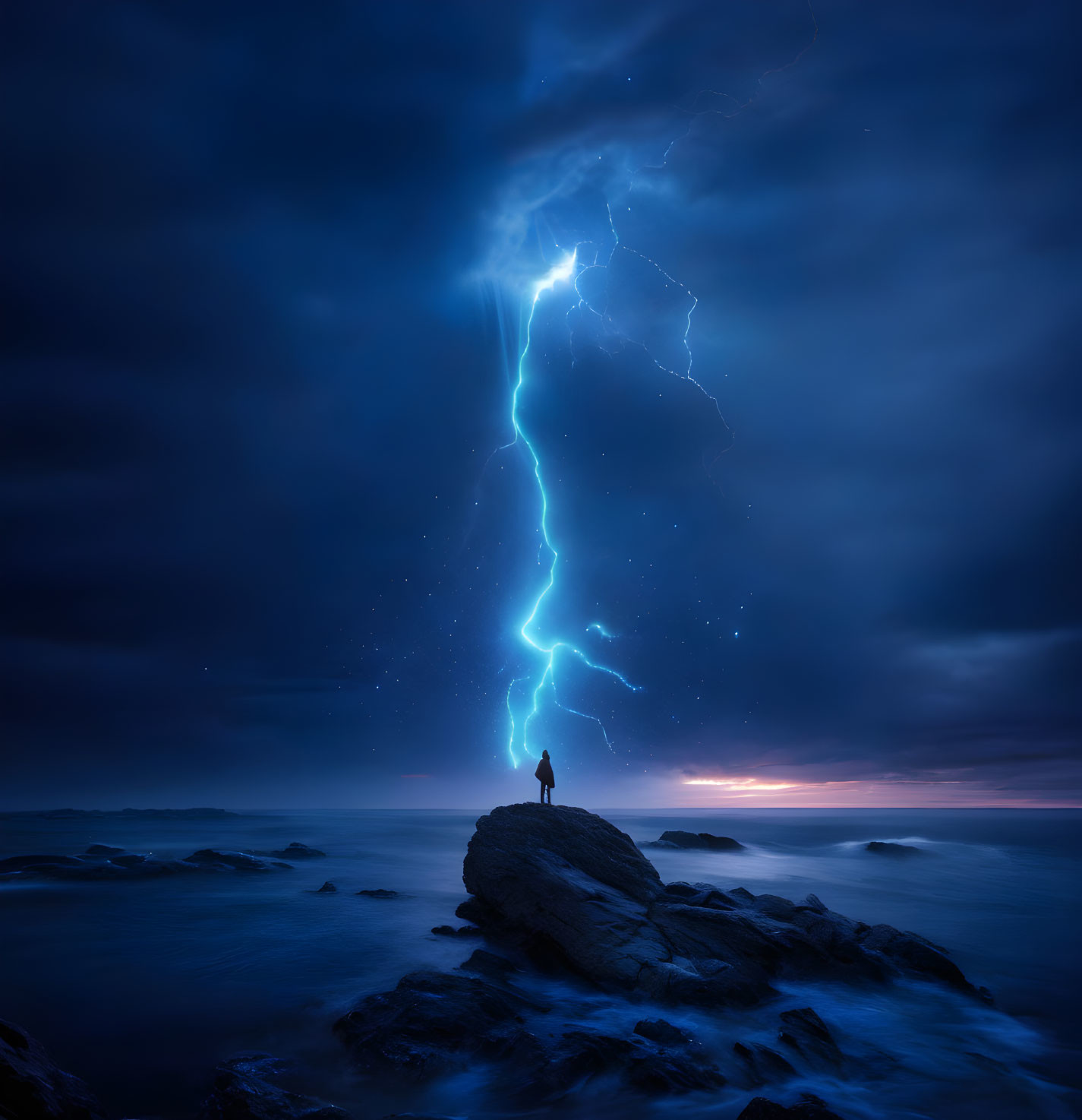 Solitary figure on rocky outcrop under dramatic night sky with lightning