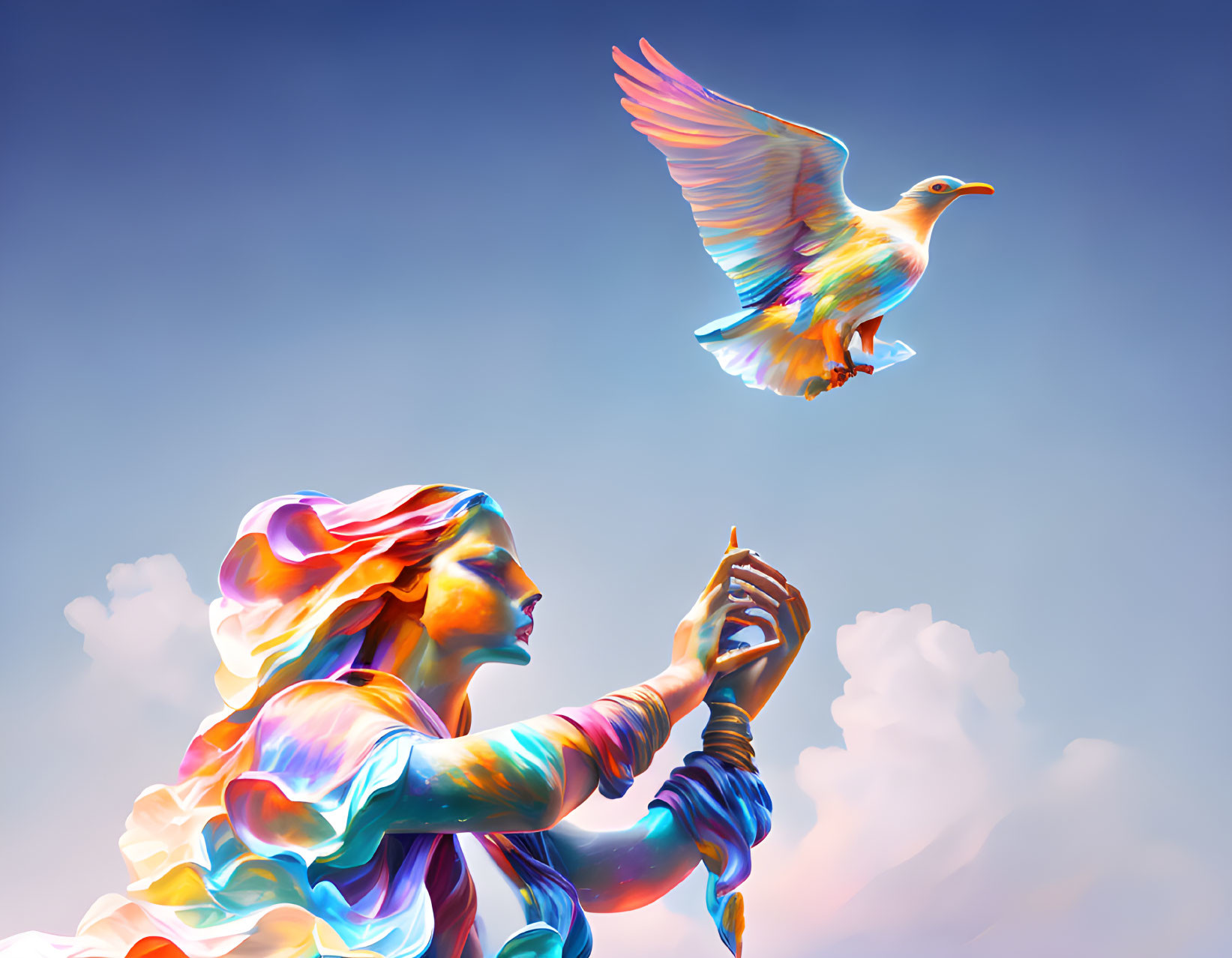 Colorful Woman in Prayer Releasing Radiant Dove in Pastel Sky