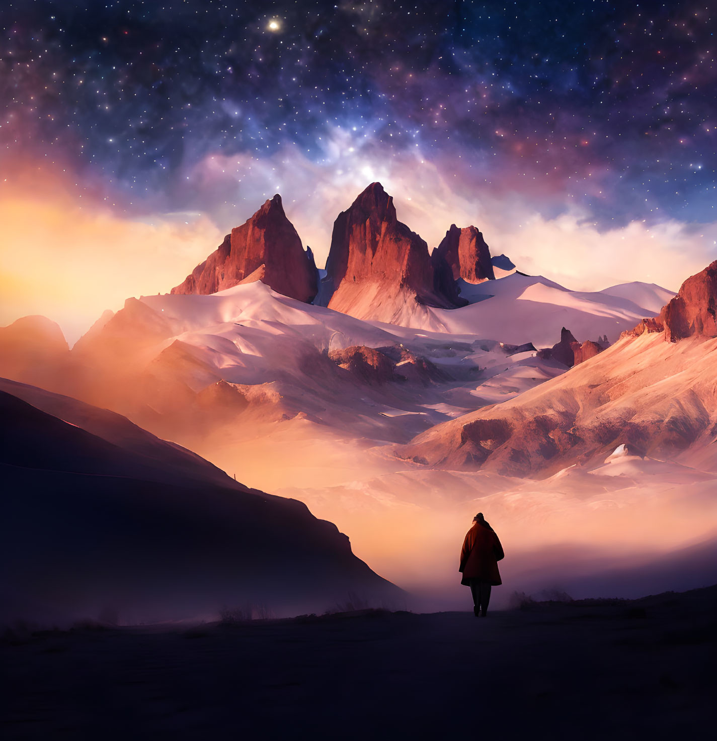 Person in red coat under starry sky with snow-covered peaks - cosmic backdrop.