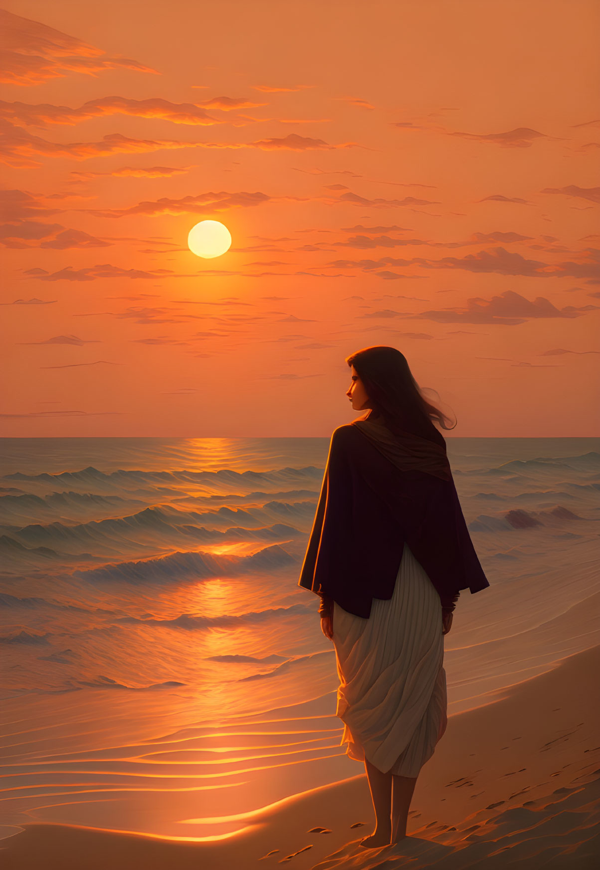 Woman on beach at sunset with golden waves and flowing white skirt