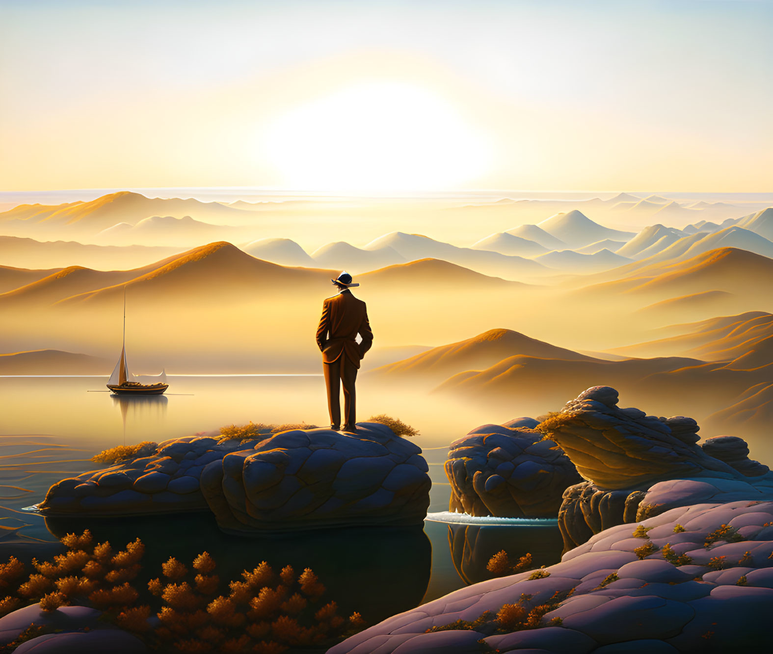 Man in suit on rocky outcrop gazes at lake and desert dunes at sunset