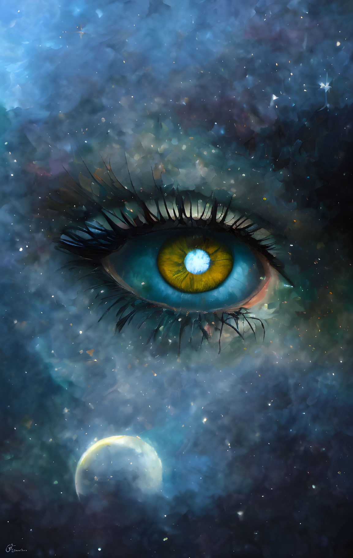 Detailed digital artwork of human eye reflecting cosmic galaxy.