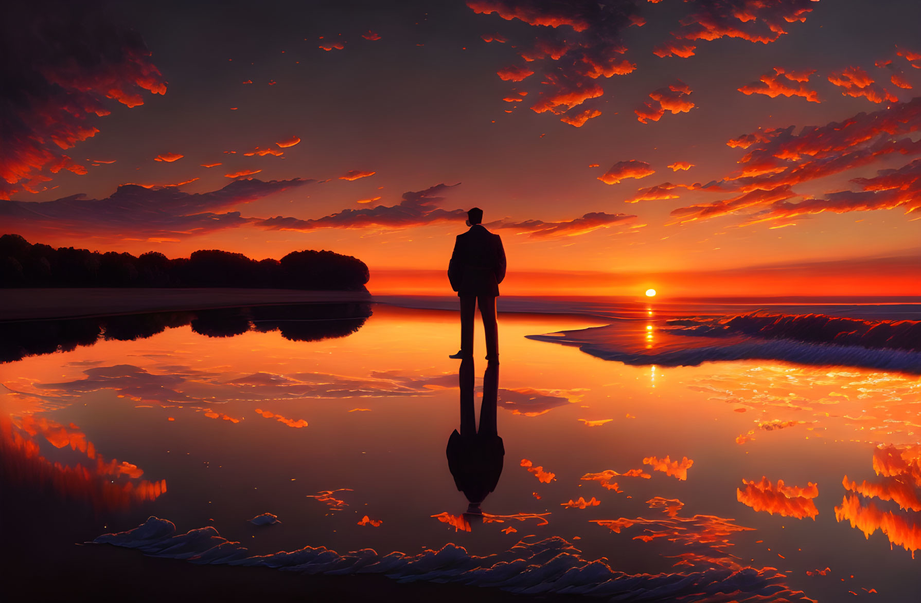 Person's silhouette admiring vibrant sunset over red-clouded water