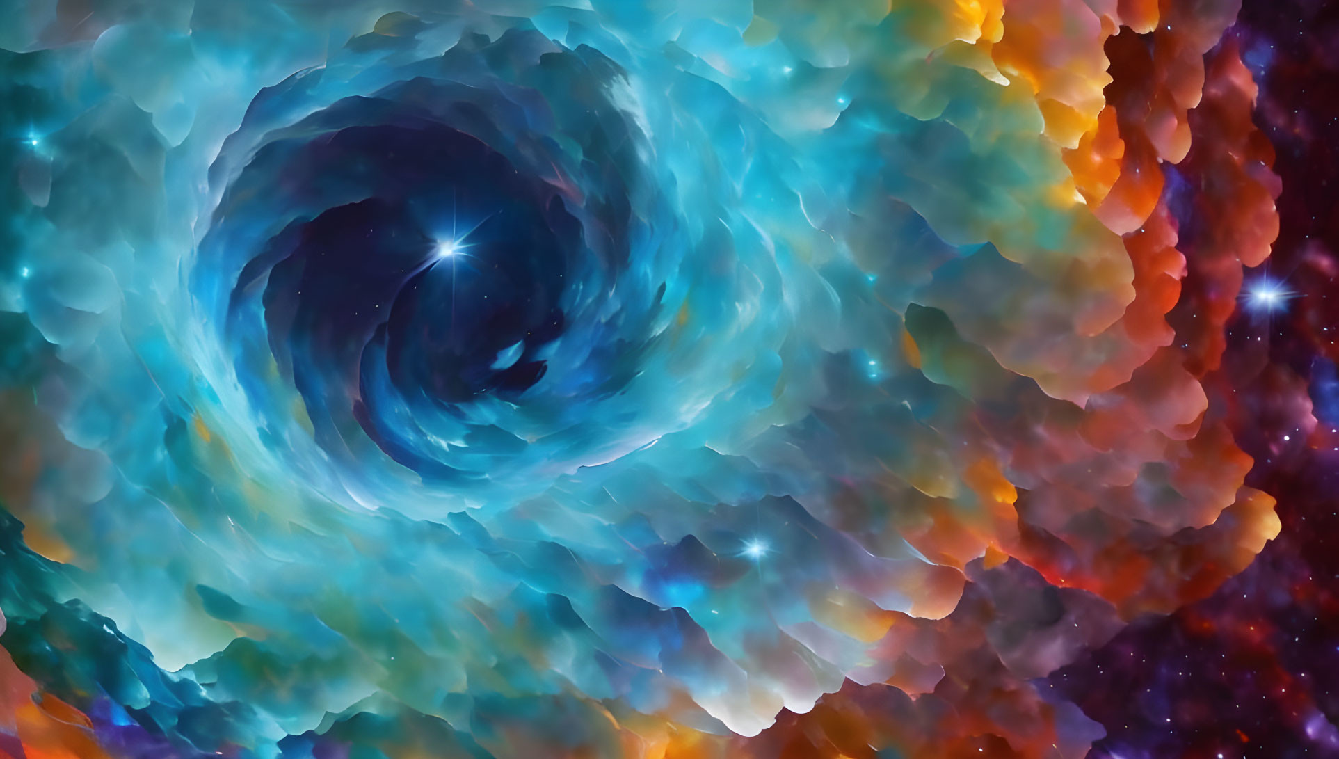 Swirling blue nebula in dynamic cosmic scene