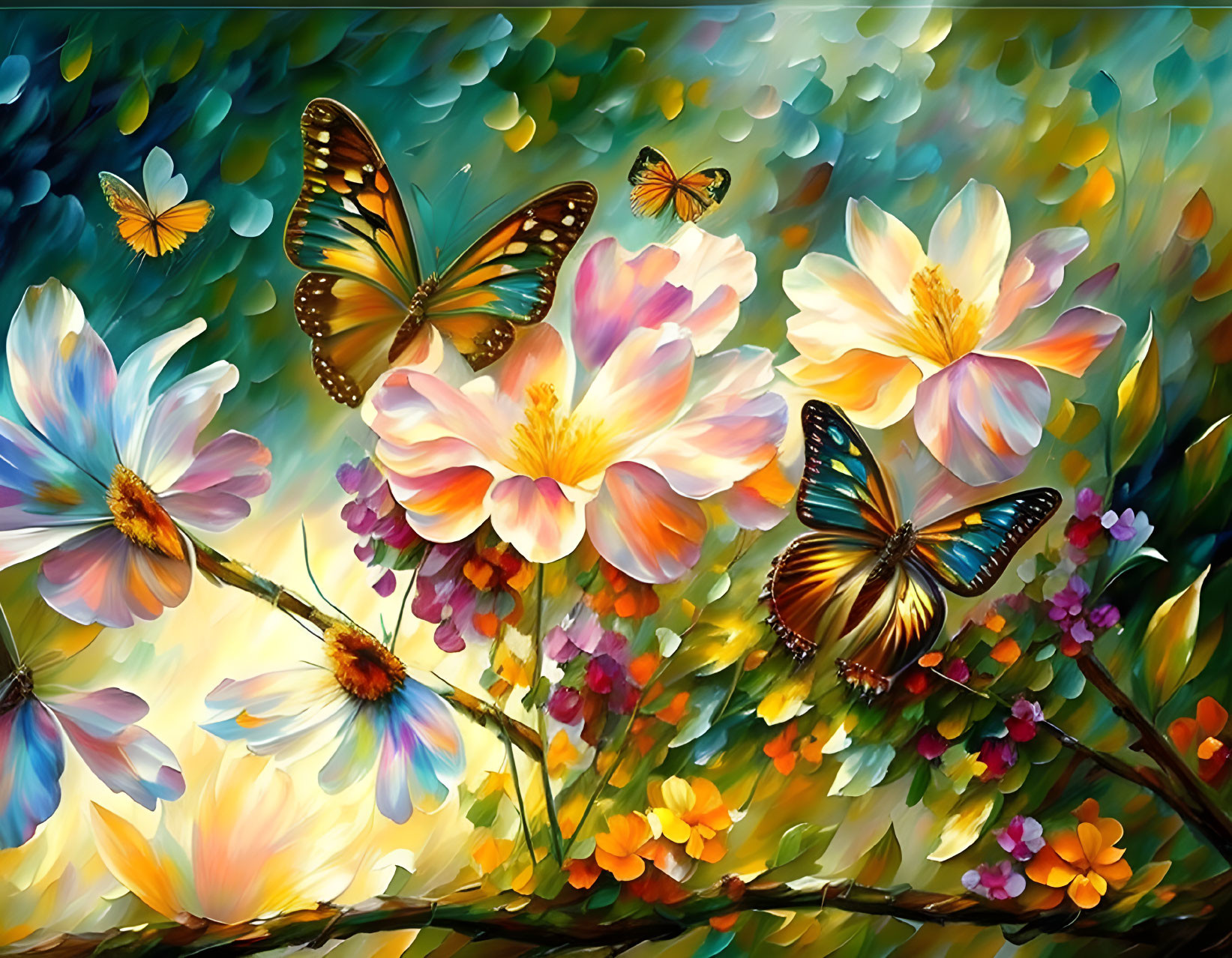 Colorful Flowers and Butterflies Painting in Green and Yellow Palette