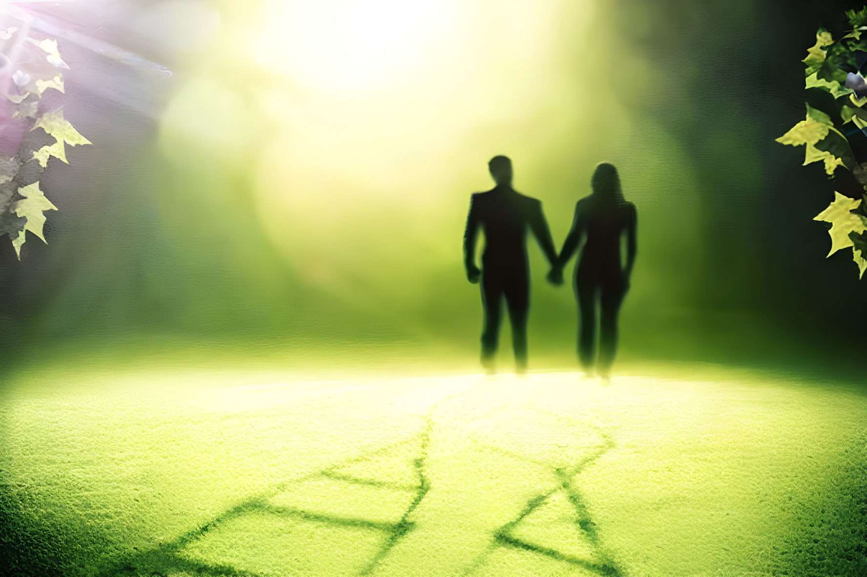 Couple Silhouettes Walking Towards Bright Light on Leafy Path