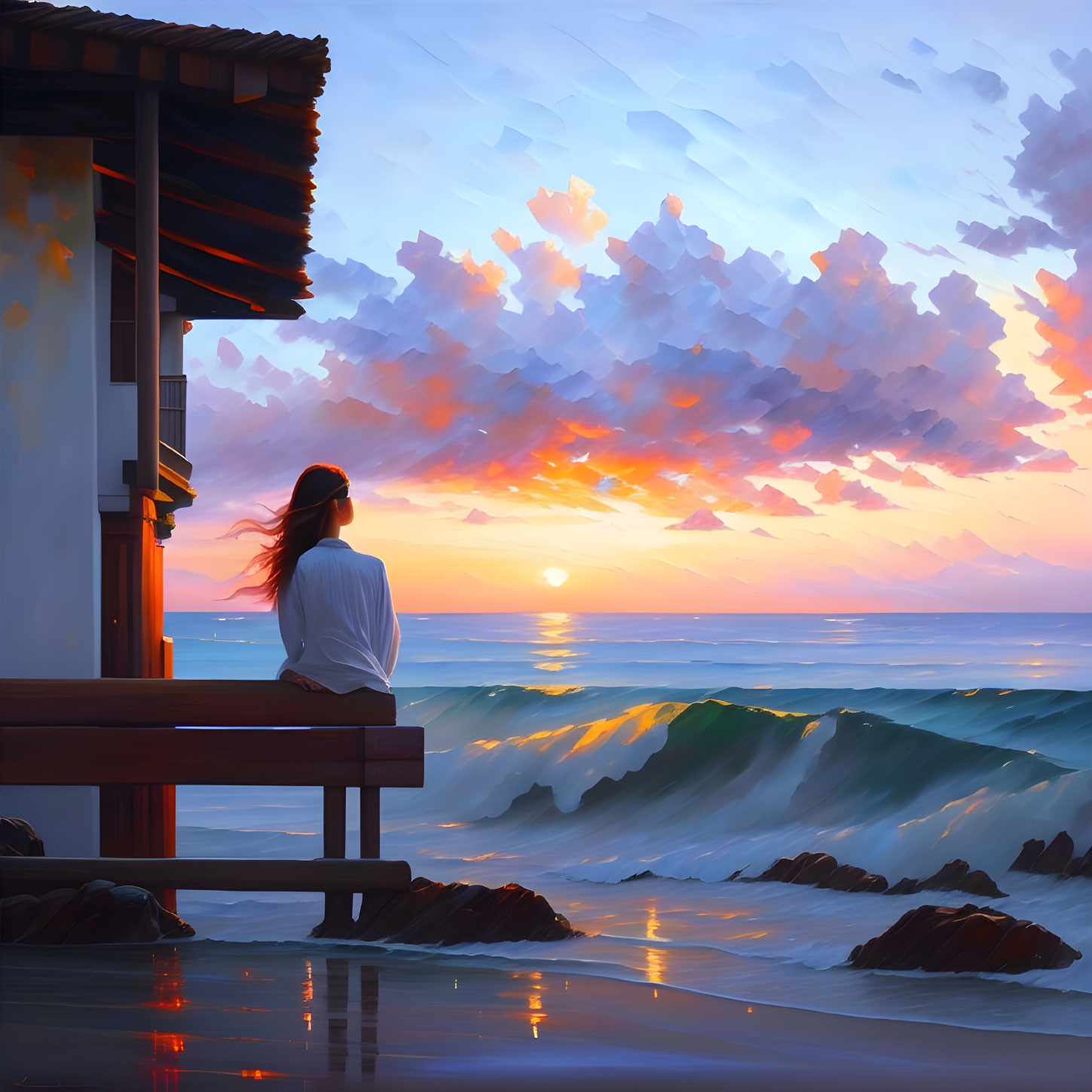 Person watching vibrant sunset by seaside house with rolling ocean waves