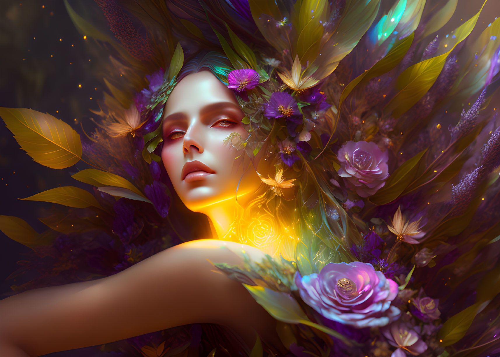 Mystical woman with flowers and leaves emitting golden glow