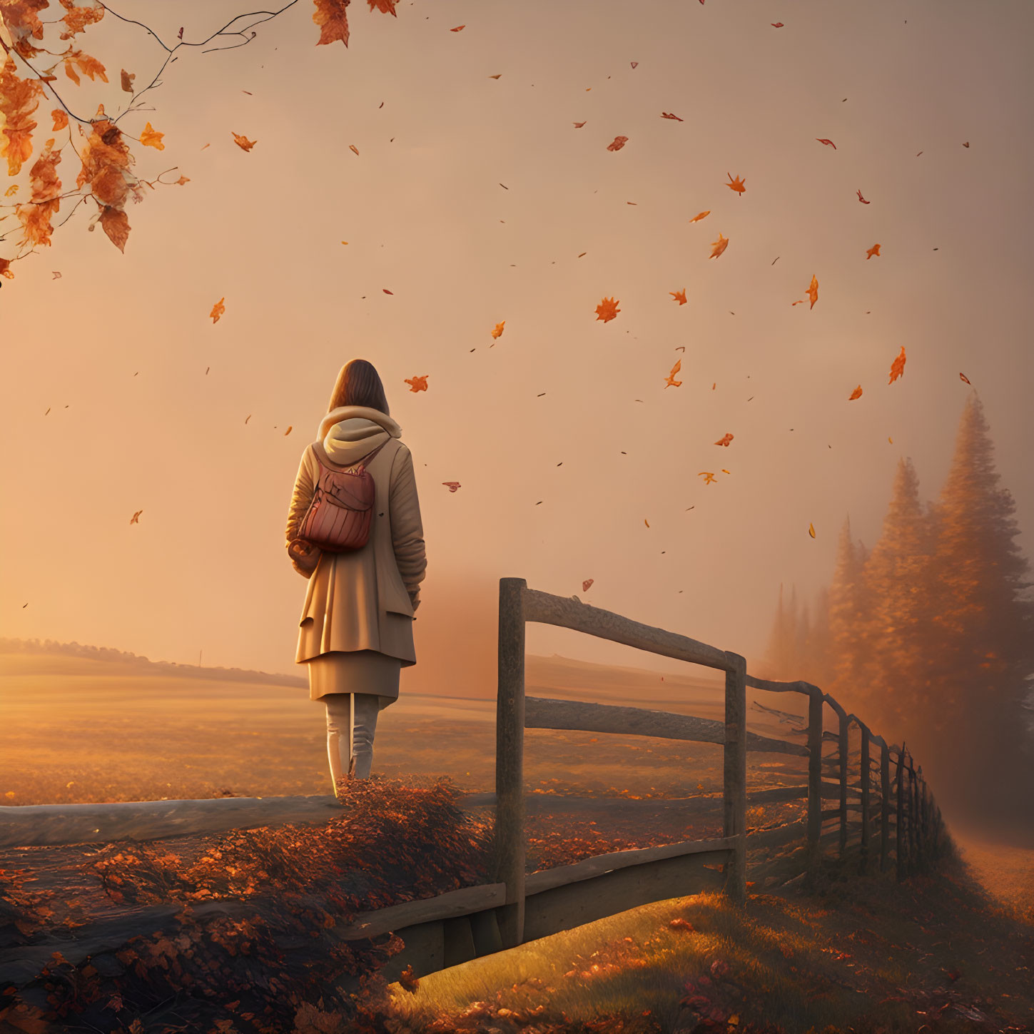 Person in coat near wooden fence on tree-lined path with falling autumn leaves at dusk