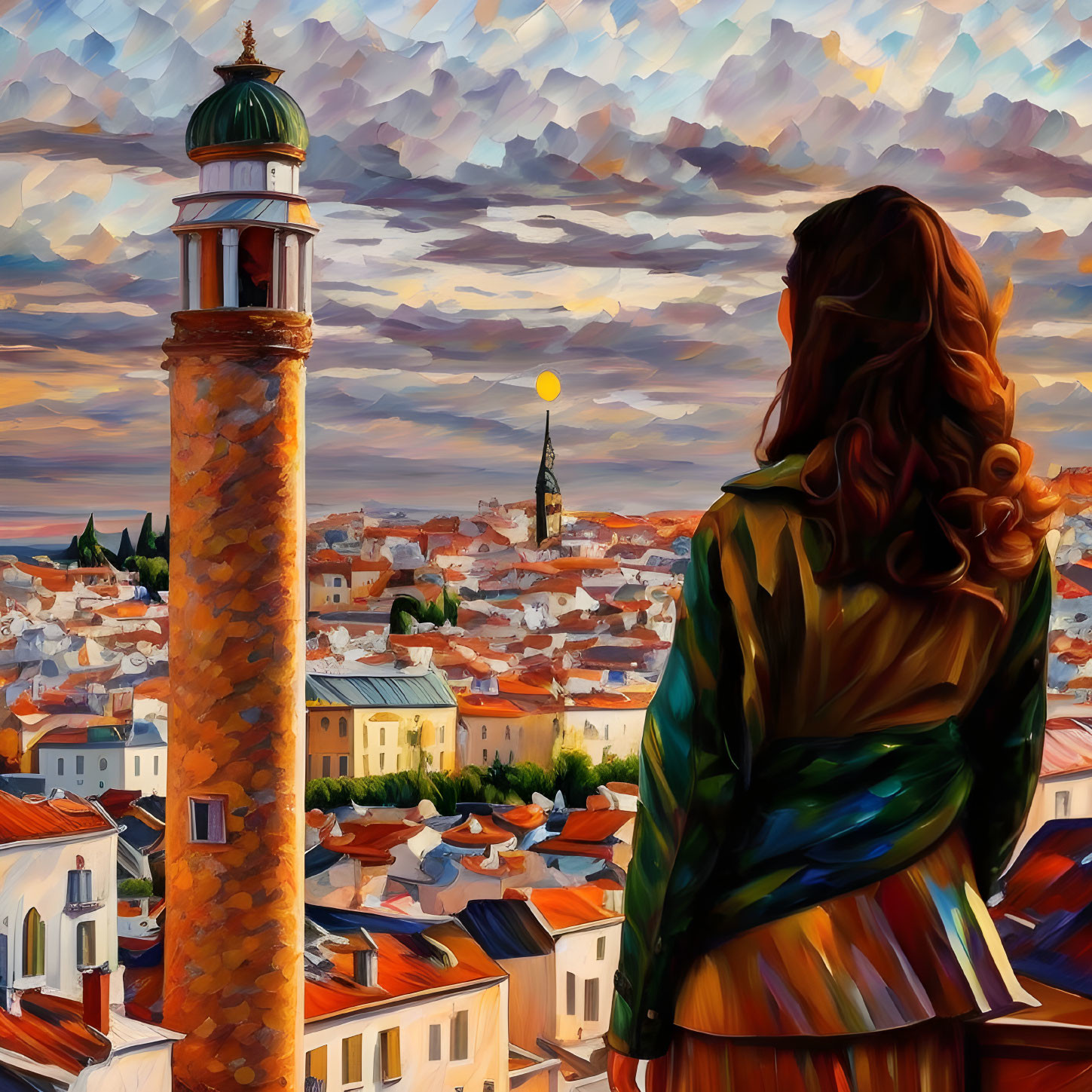 Woman admires sunset over quaint town with warm buildings and tower under dramatic sky