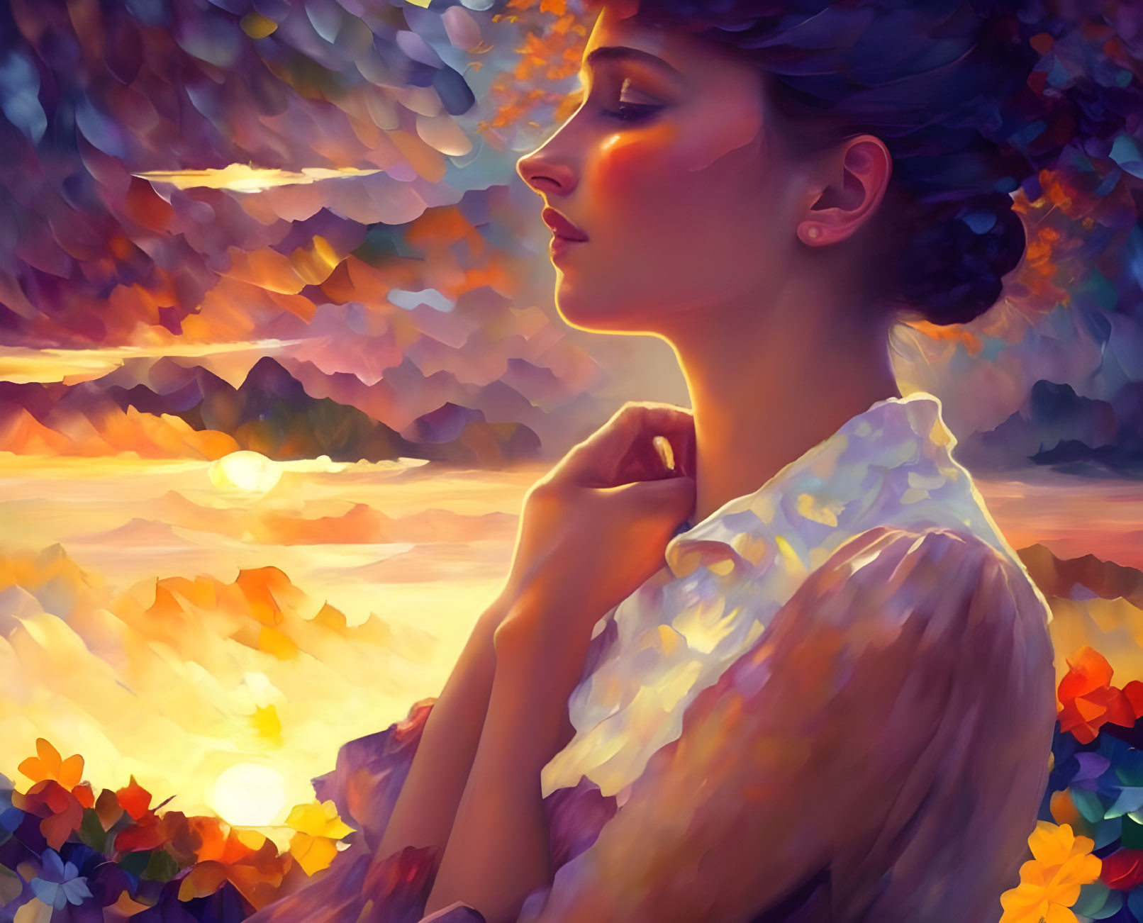 Contemplative woman in white blouse against vibrant sunset backdrop