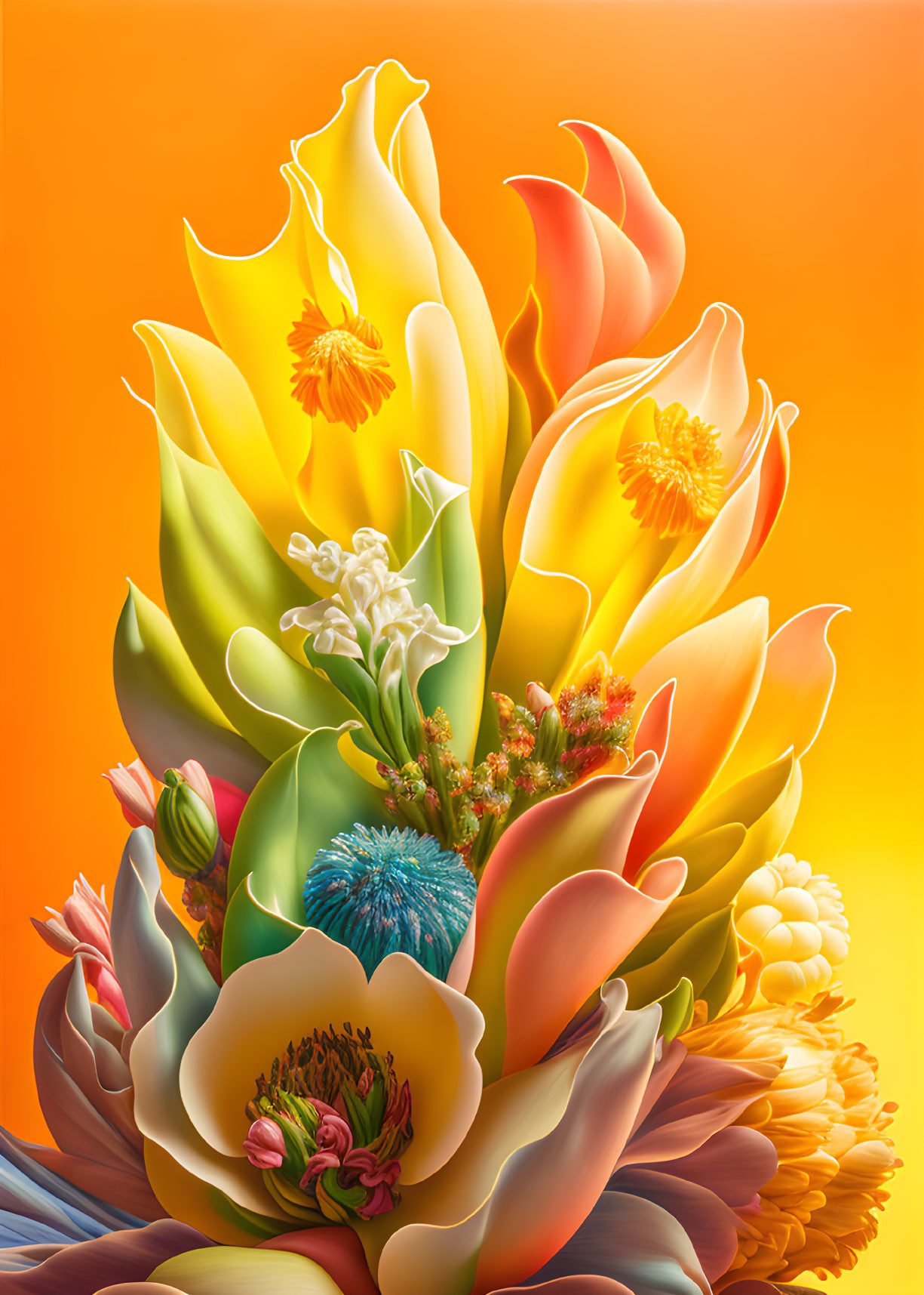 Colorful digital floral arrangement with orange, yellow, and pink hues