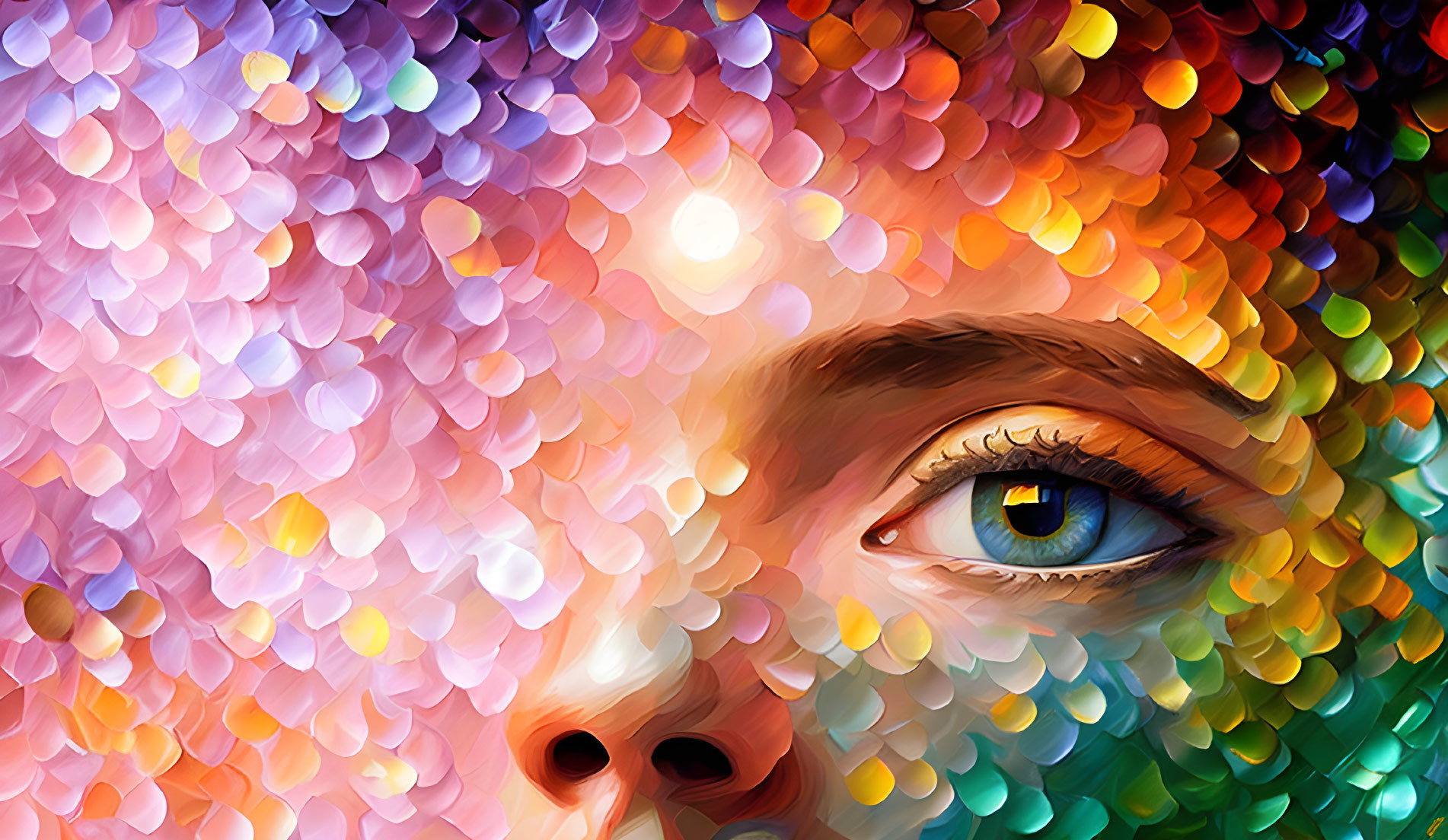 Colorful close-up digital eye painting with textured dots