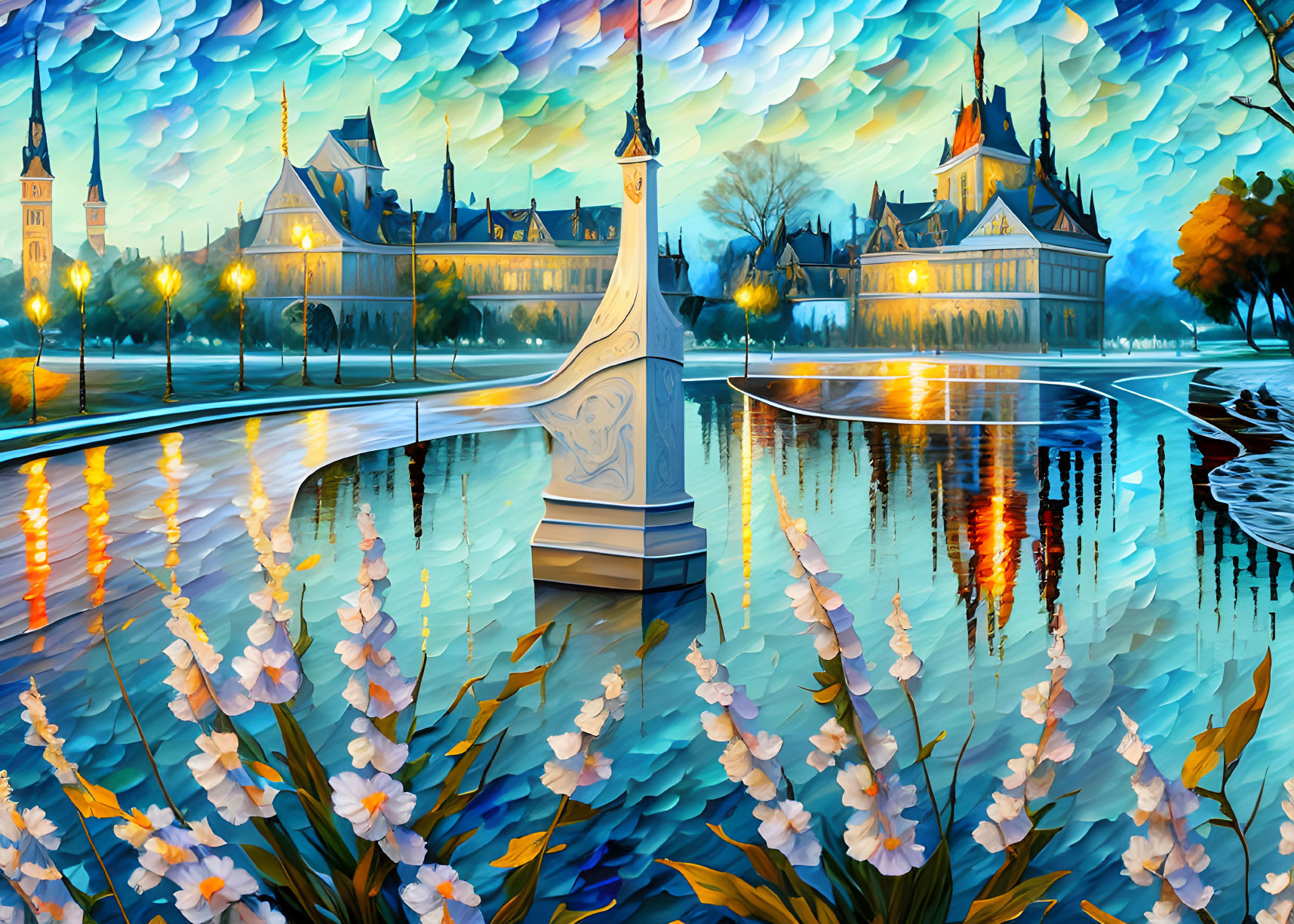 Serene lakeside painting with castle, flowers, lamp post & whimsical sky