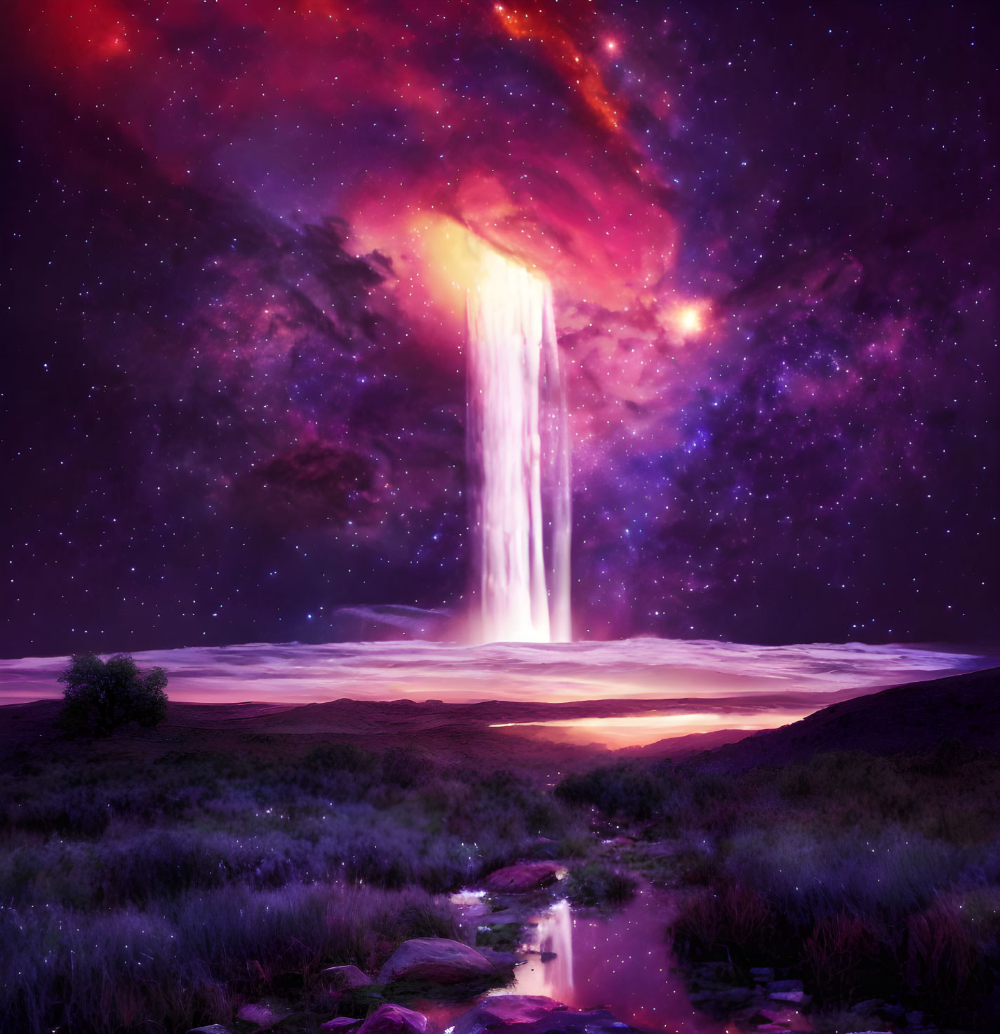 Surreal landscape with cosmic waterfall and starry night sky