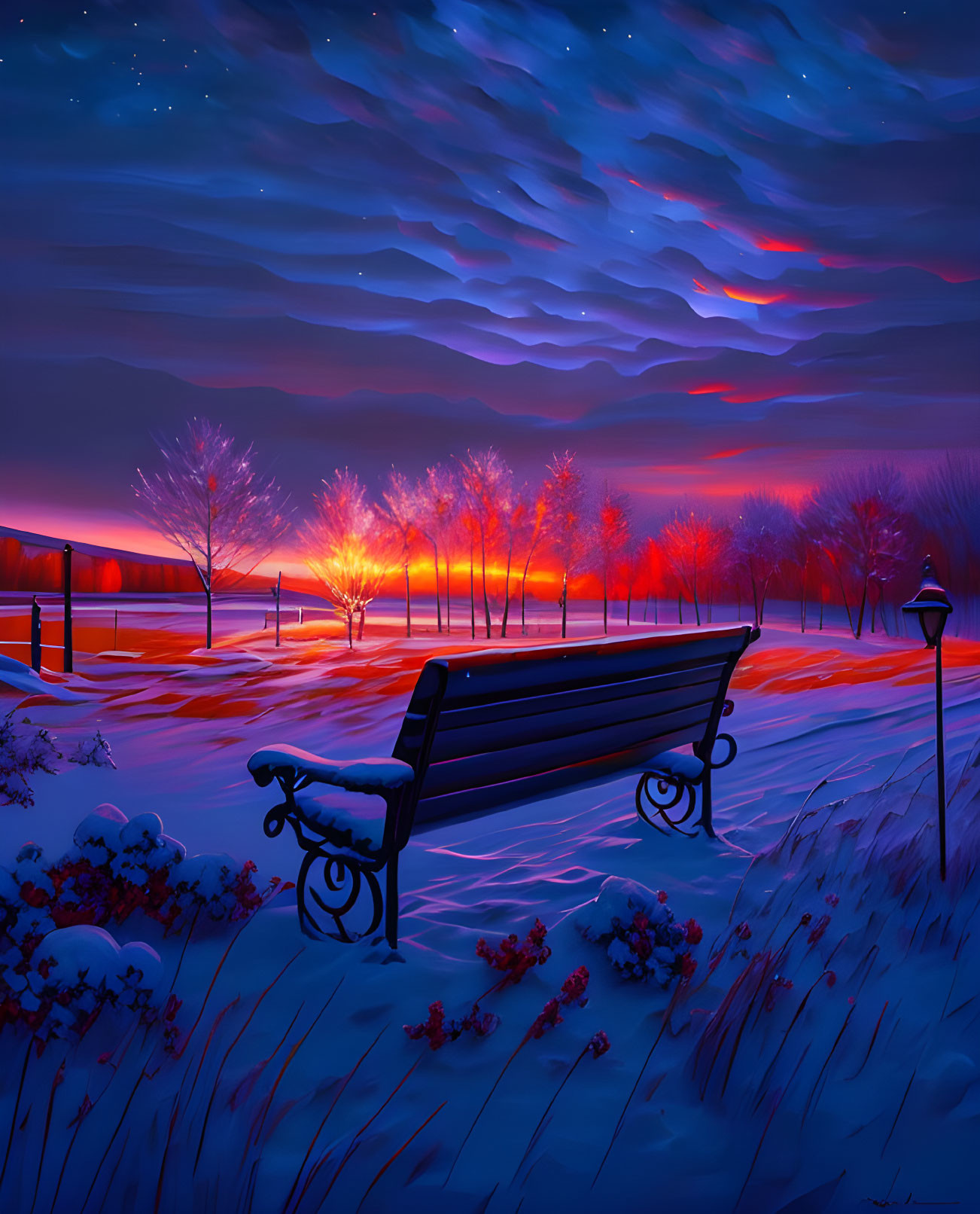 Winter Twilight Scene: Park Bench, Snow, Bare Trees, Colorful Sky