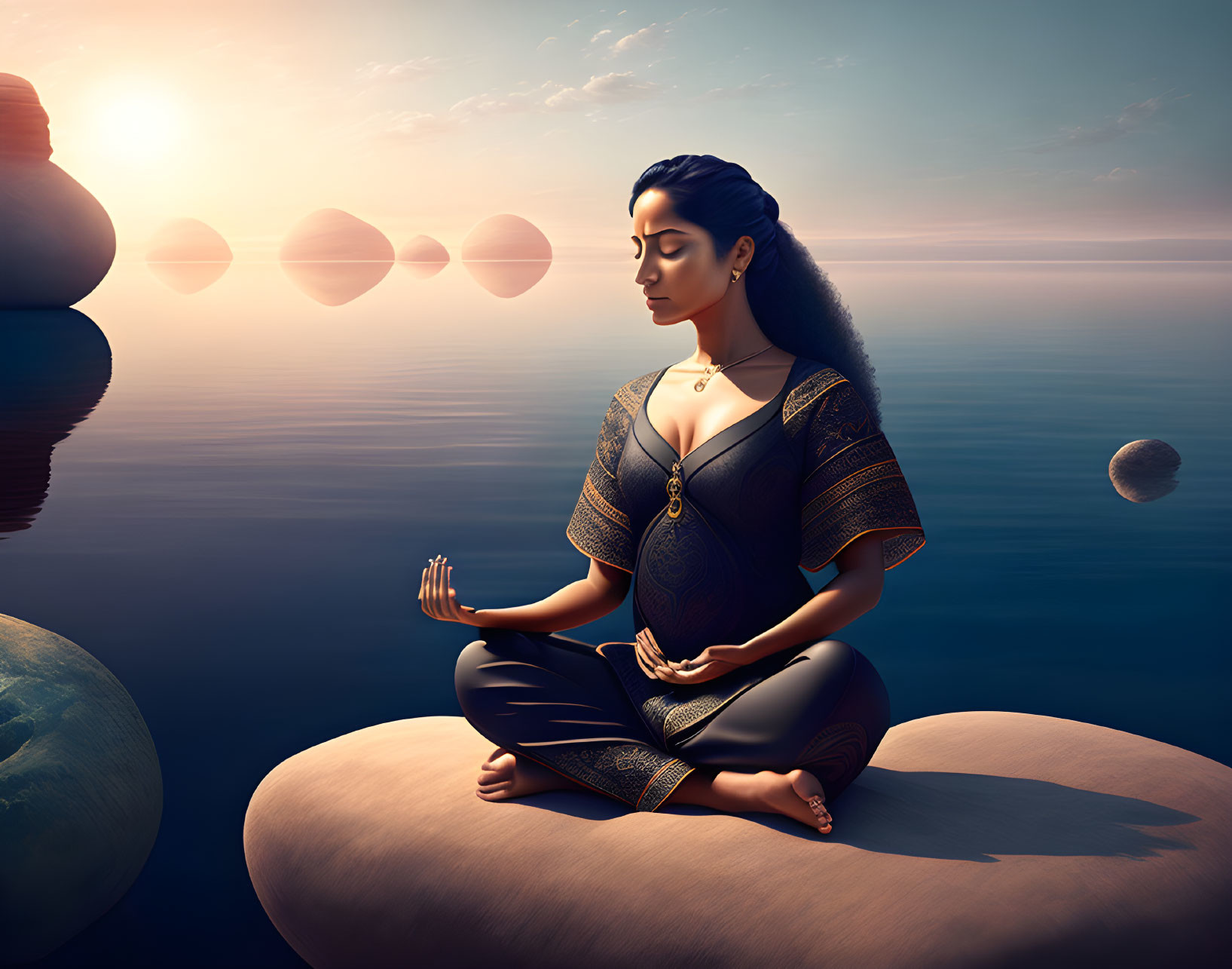 Woman Meditating on Stone in Tranquil Water at Sunset