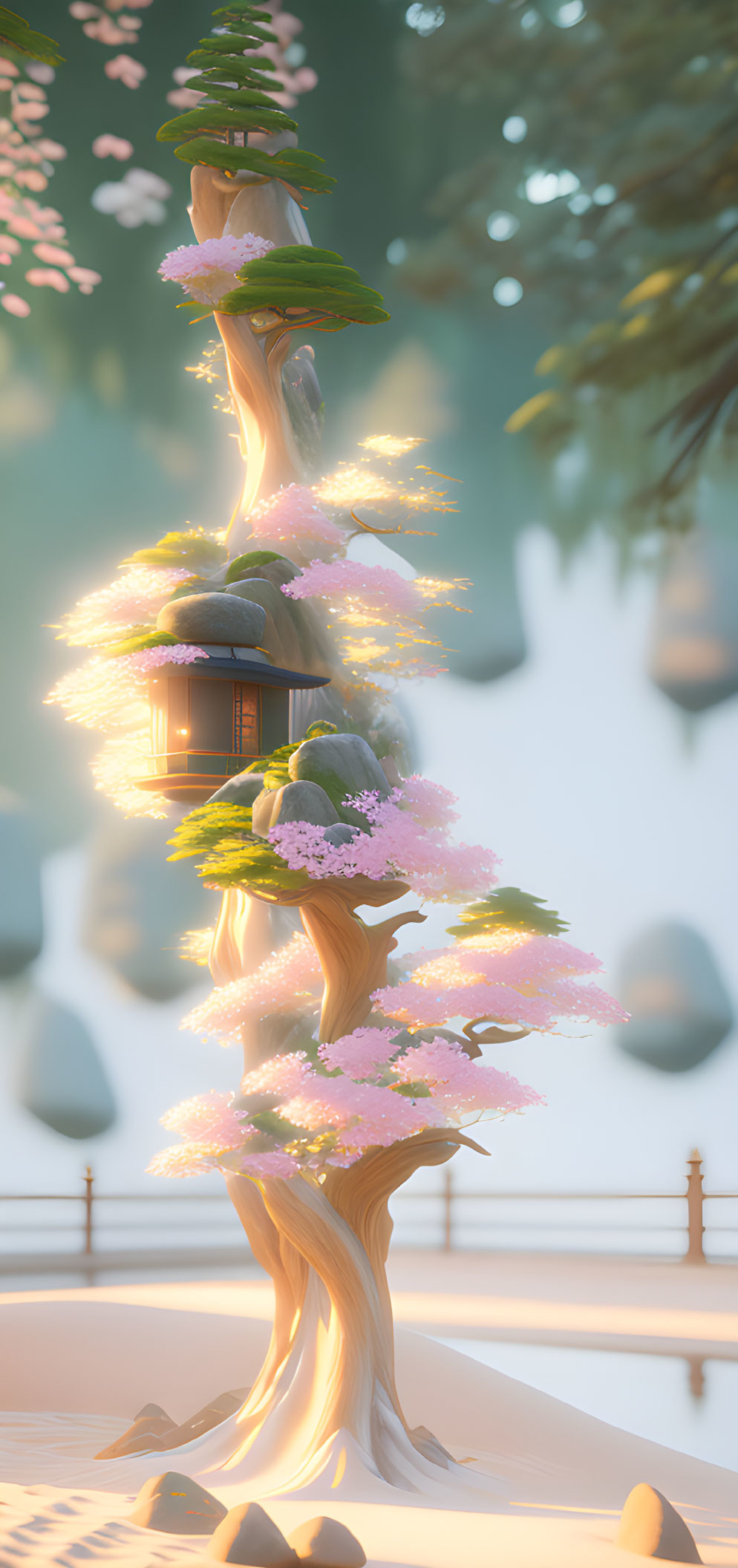 Whimsical multi-level treehouse in blooming tree with soft light and floating blossoms