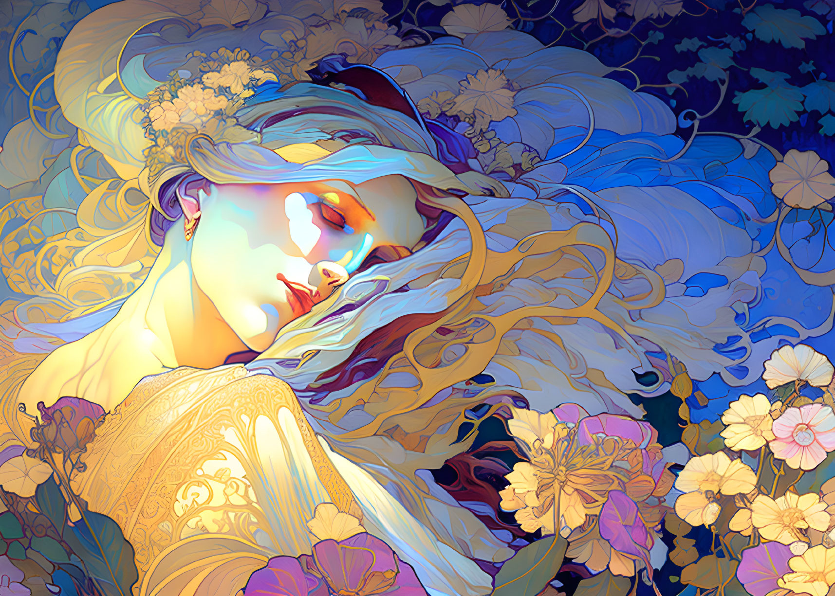 Vibrant flower-themed illustration of a serene woman with golden hair