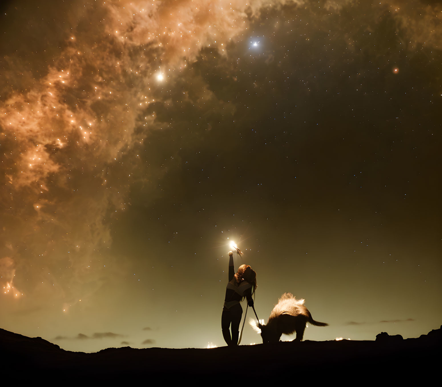 Person and dog under starry sky with lit lantern