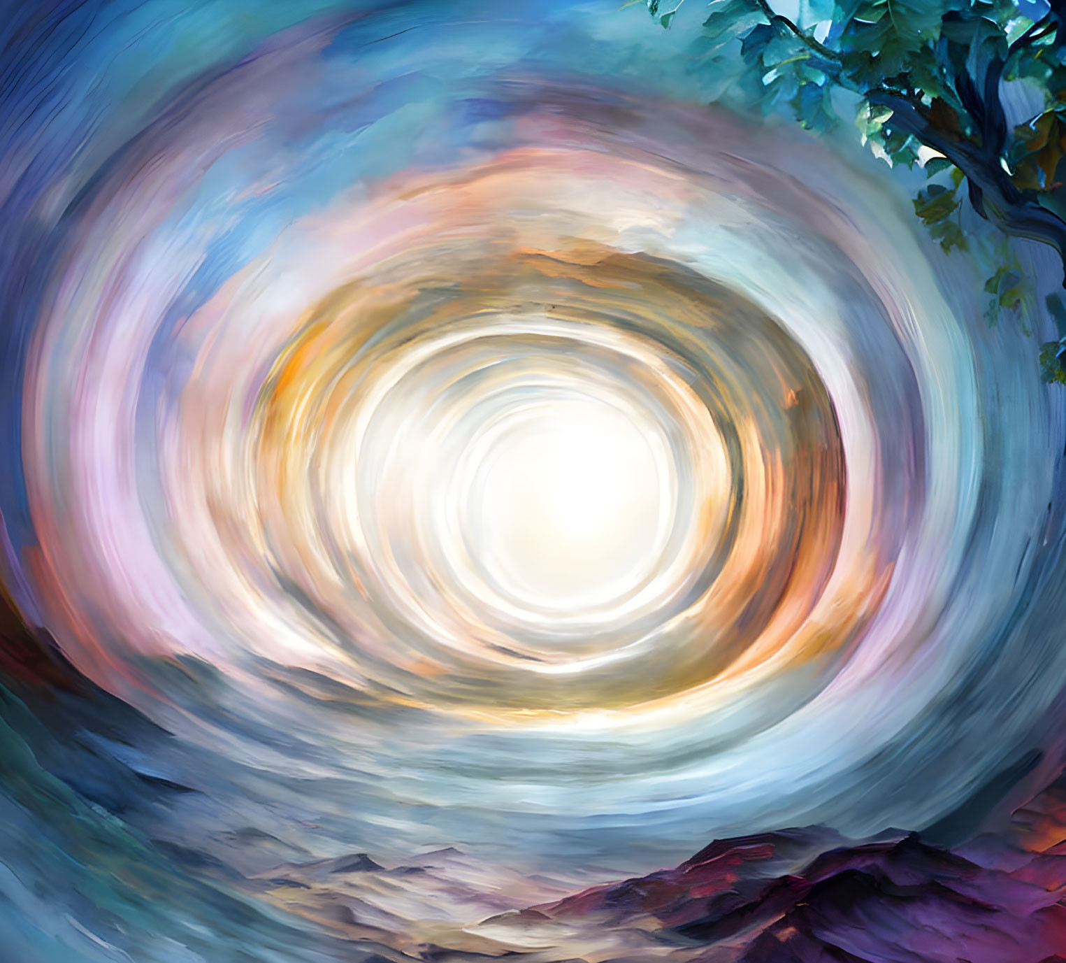 Colorful Abstract Vortex with Tree Branch Silhouette