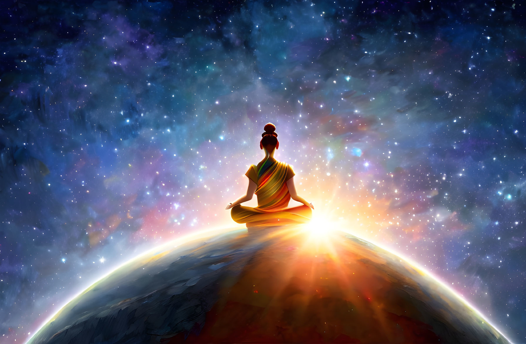 Person meditates in cosmic setting with vibrant starry sky and radiant sunrise.