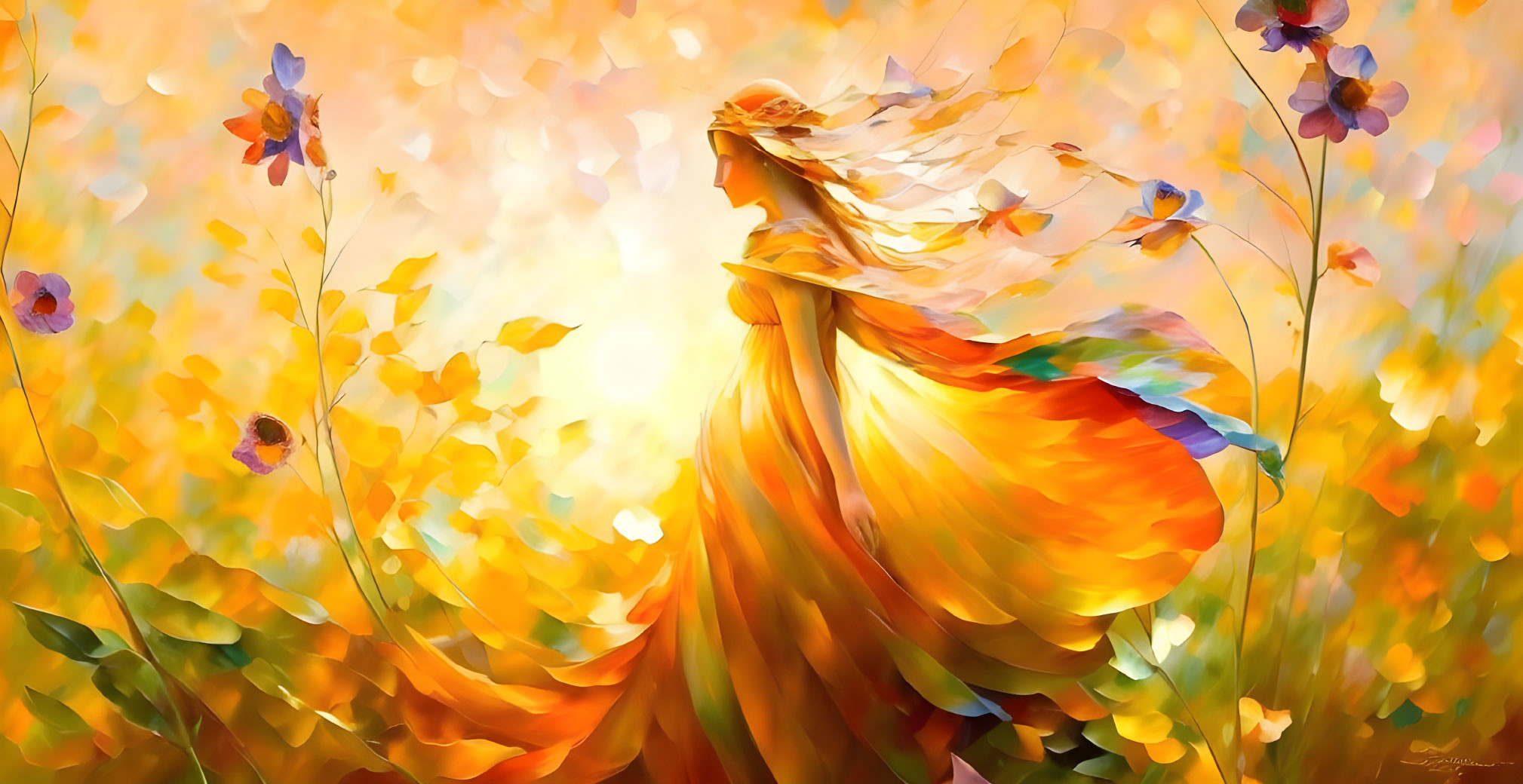 Colorful digital artwork: Woman in orange dress with butterflies and flowers