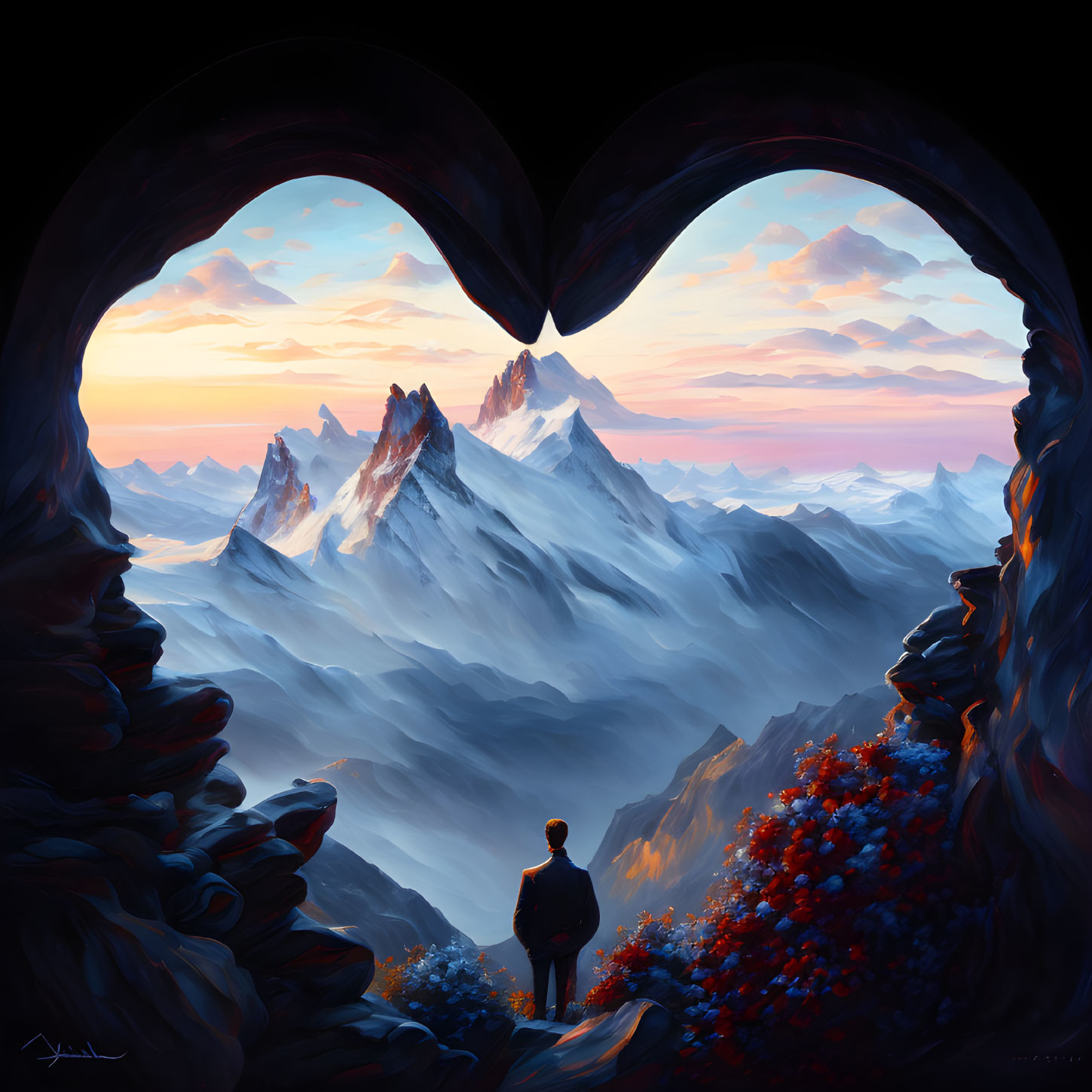 Person at Heart-Shaped Cave with Mountain Range and Sky