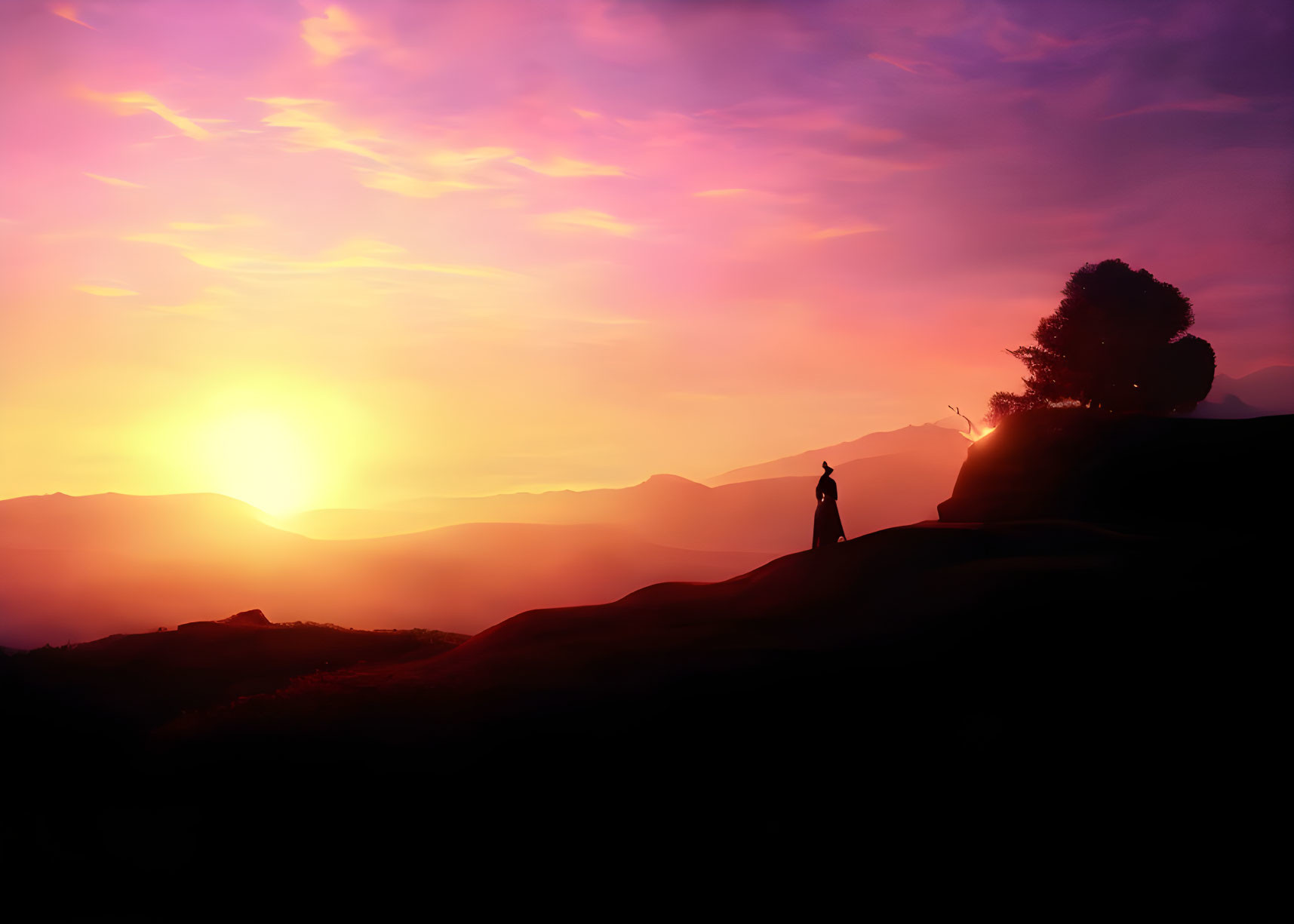 Silhouetted figure under tree at sunset on hill overlooking mountains