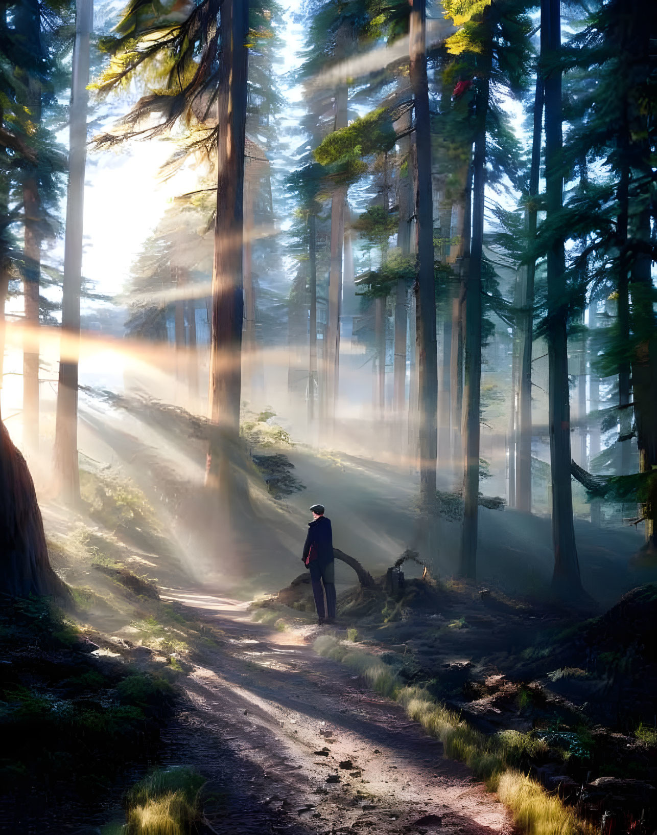 Person in hat on forest path with sunlight and mist