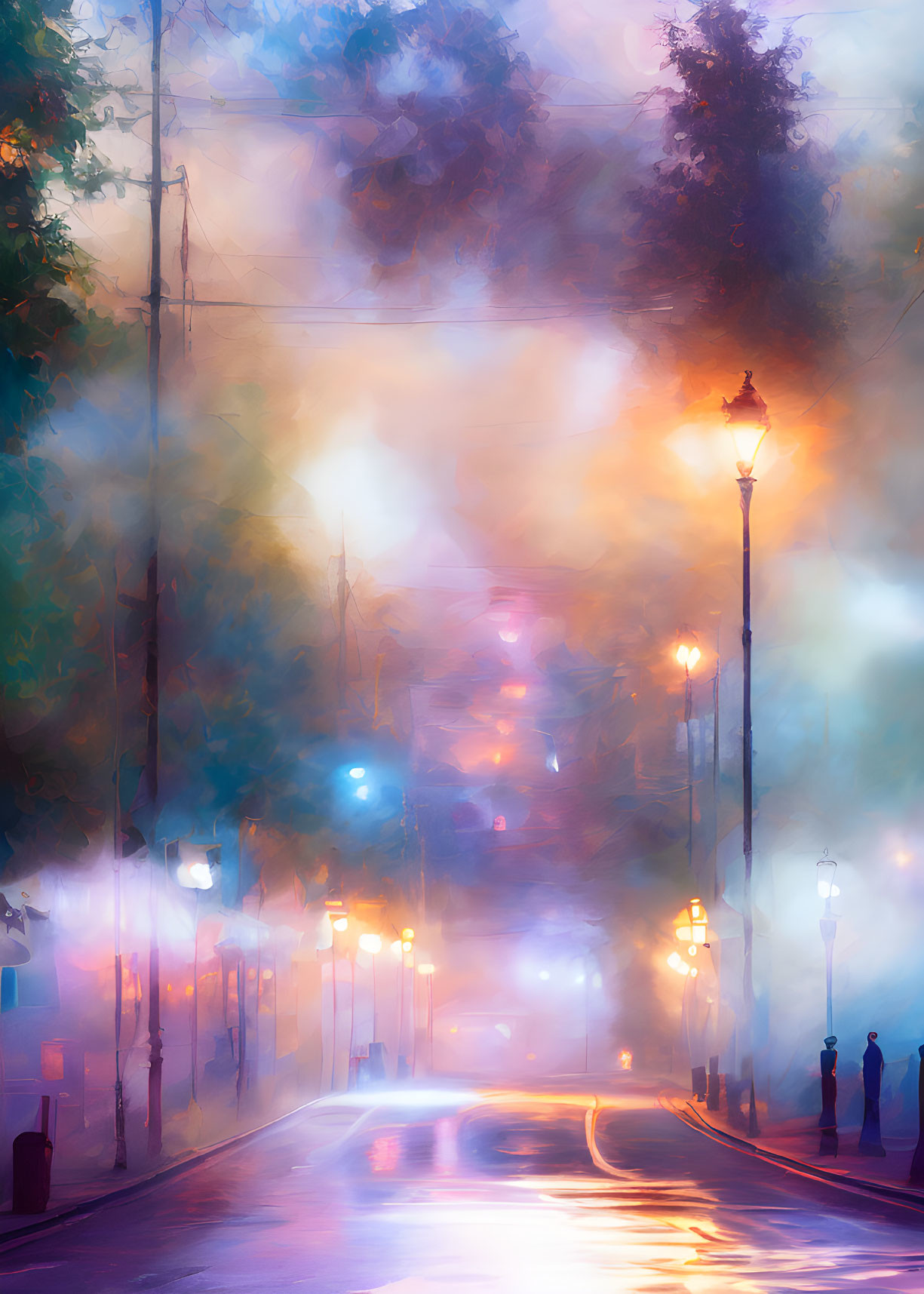 Vibrant street scene with glowing lights and hazy atmosphere