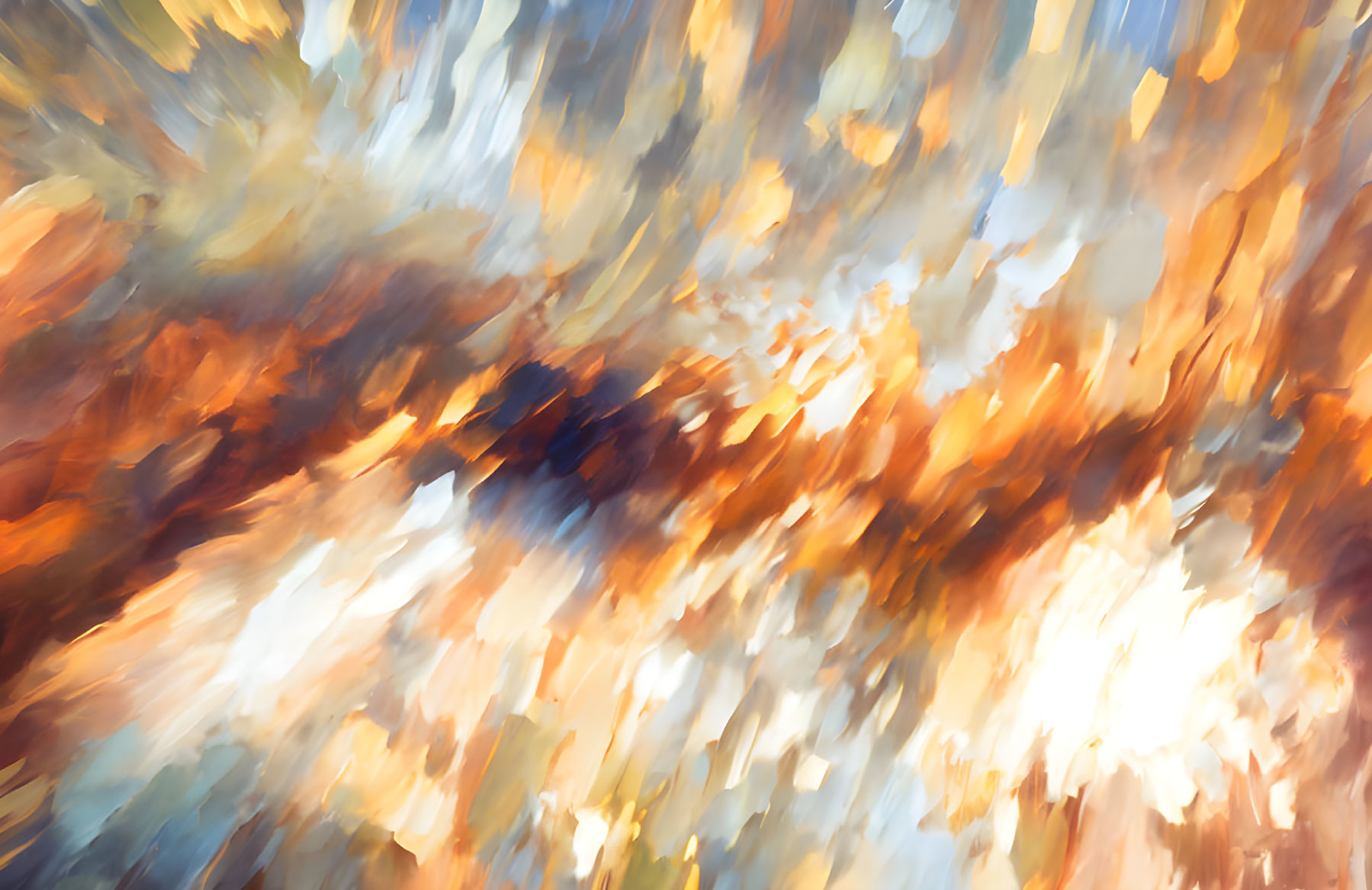 Vibrant abstract painting of fiery orange, yellow, and white brushstrokes