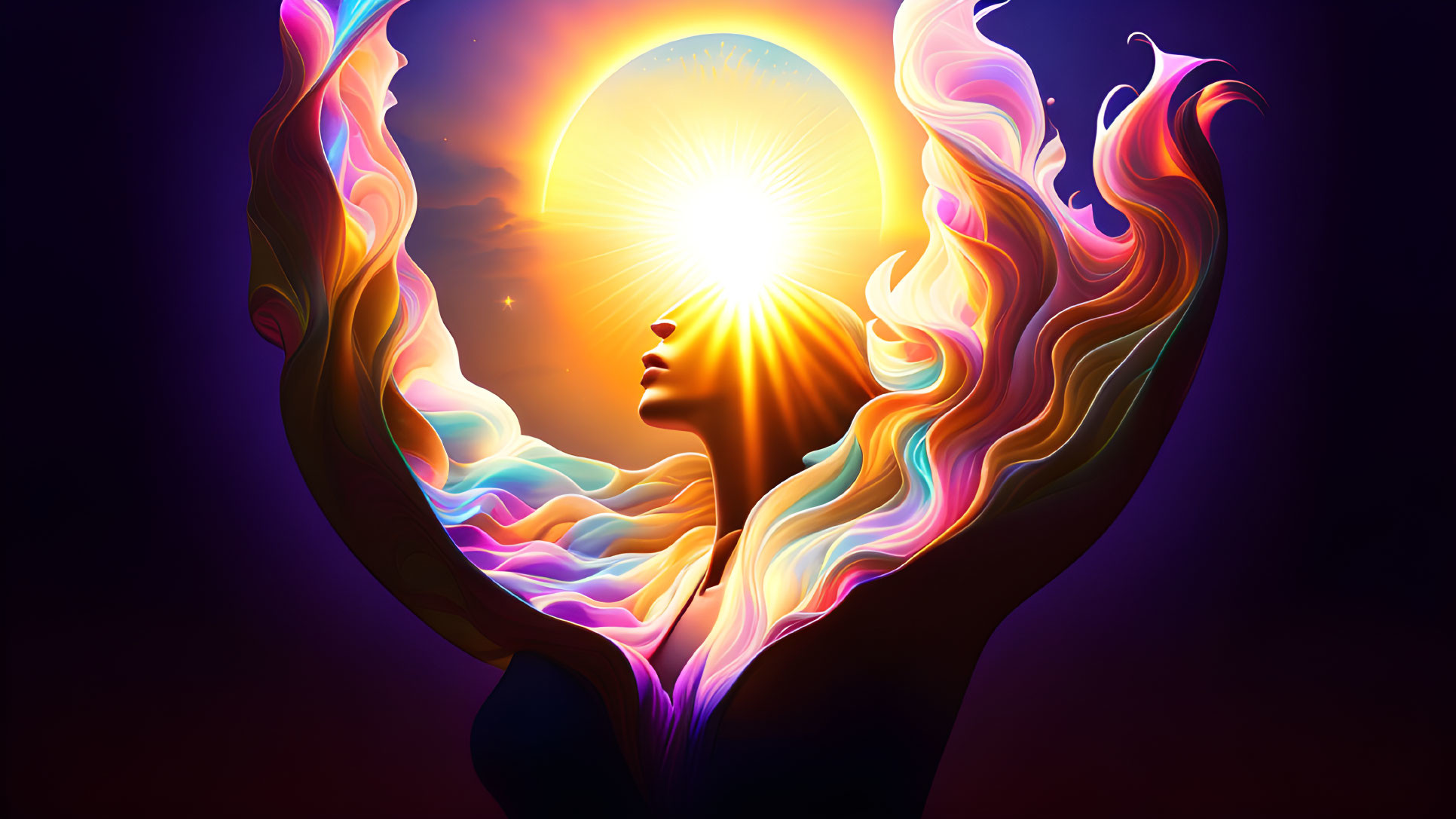 Colorful Digital Artwork: Silhouetted Figure with Sun Head & Fiery Waves on Purple