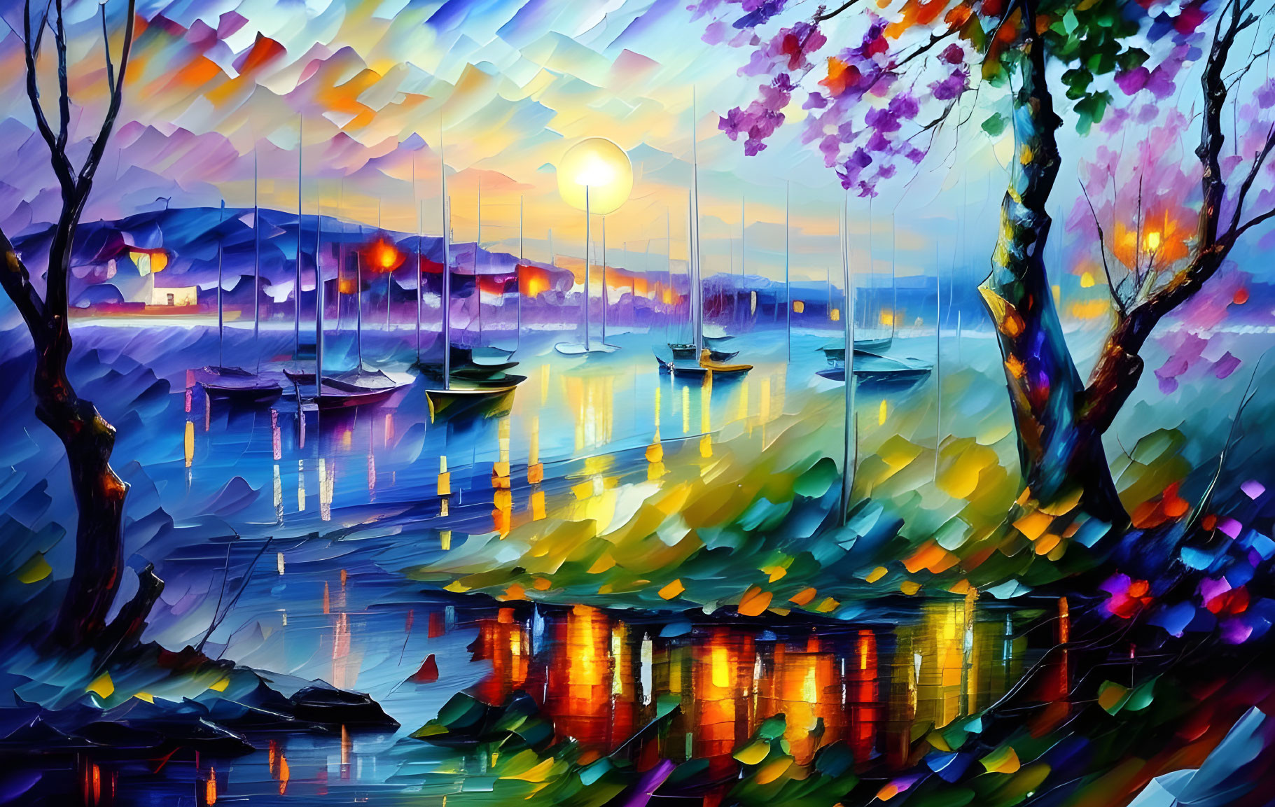 Impressionistic sunset painting with marina, boats, reflections, colorful trees