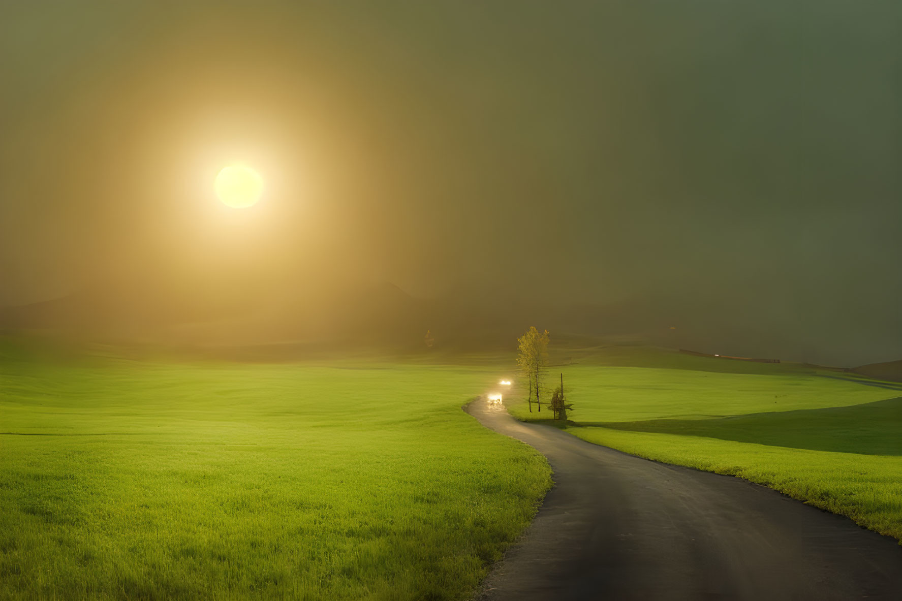 Tranquil landscape with winding road through lush green fields