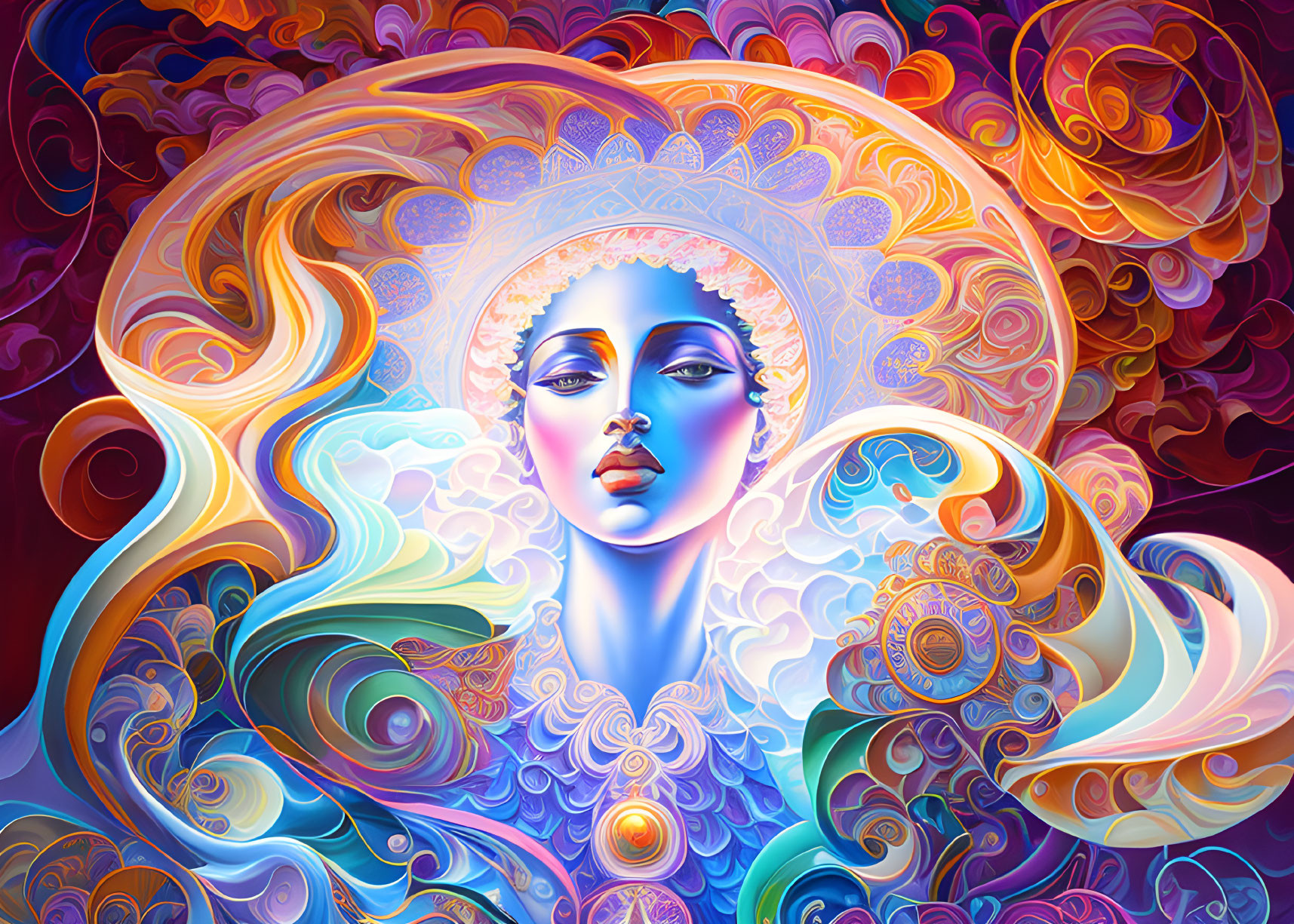 Colorful digital artwork featuring stylized woman's face with flowing hair and intricate swirls.