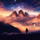 Person in red coat under starry sky with snow-covered peaks - cosmic backdrop.