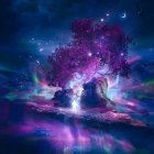 Vivid artwork of lone tree with purple foliage on island in surreal landscape