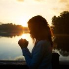 Colorful Scarf Woman Contemplating Sunset Lake