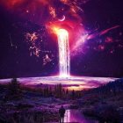 Surreal landscape with cosmic waterfall and starry night sky