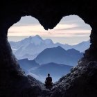 Person at Heart-Shaped Cave with Mountain Range and Sky