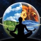 Person meditating with swirling blue and orange aura on dark background