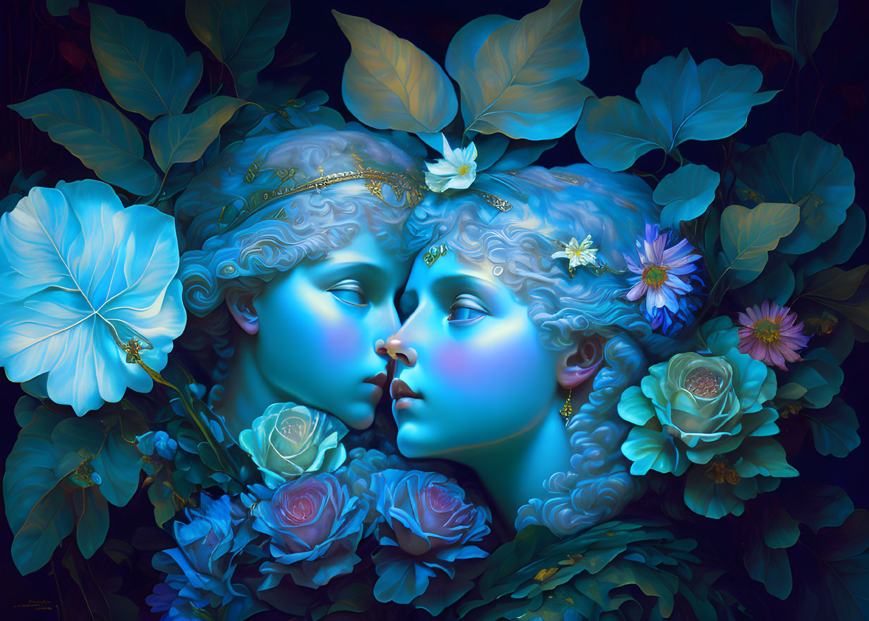 Surreal Artwork Featuring Adorned Faces in Lush Nature