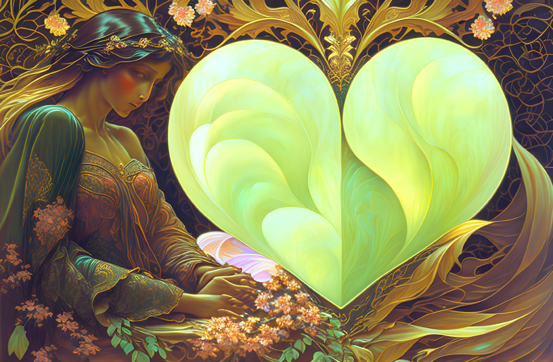 Fantasy illustration of woman with floral headpiece and luminous heart in ornate nature patterns