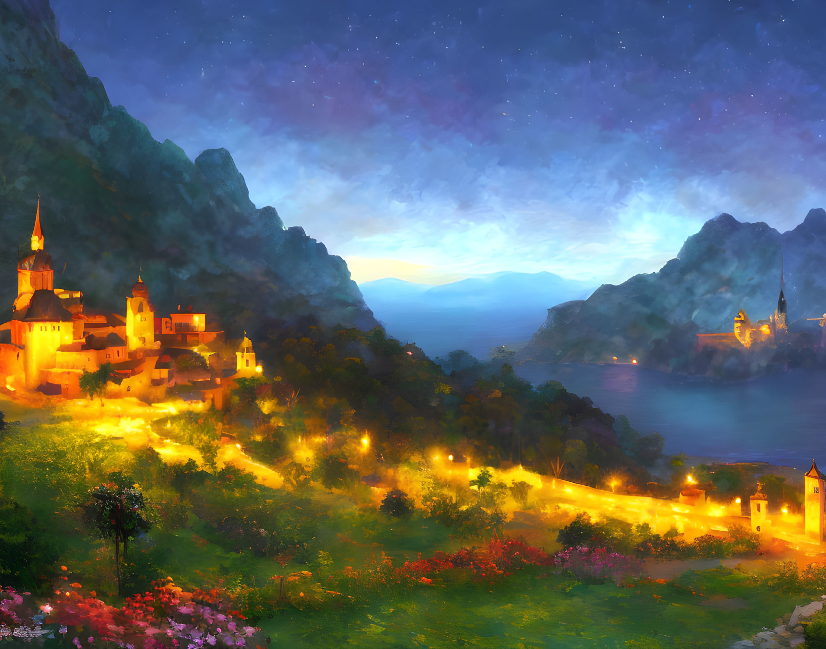 Fantasy landscape at dusk: village, castle, hills, starry sky, serene lake