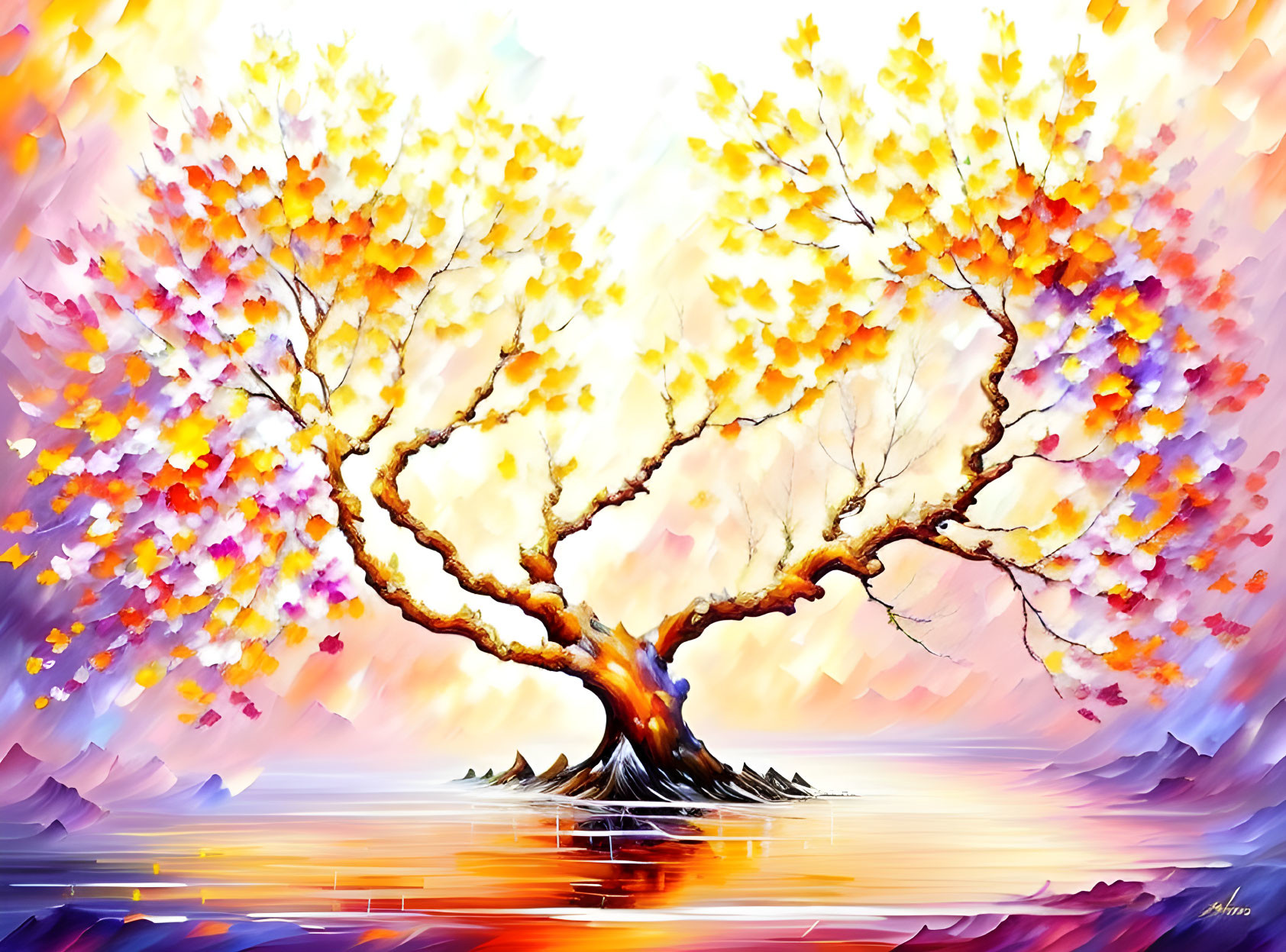 Colorful autumn tree painting with reflection in water - vibrant and warm.