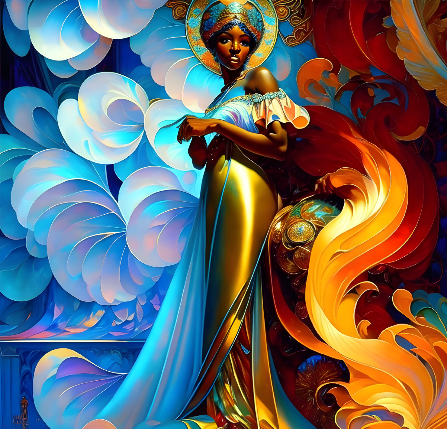 Colorful woman illustration in intricate attire with swirling patterns and decorative headdress on vibrant backdrop.