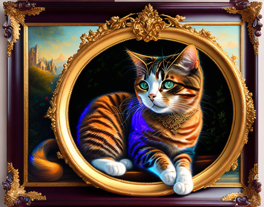 Colorful Tabby Cat Painting with Castle Backdrop and Necklace