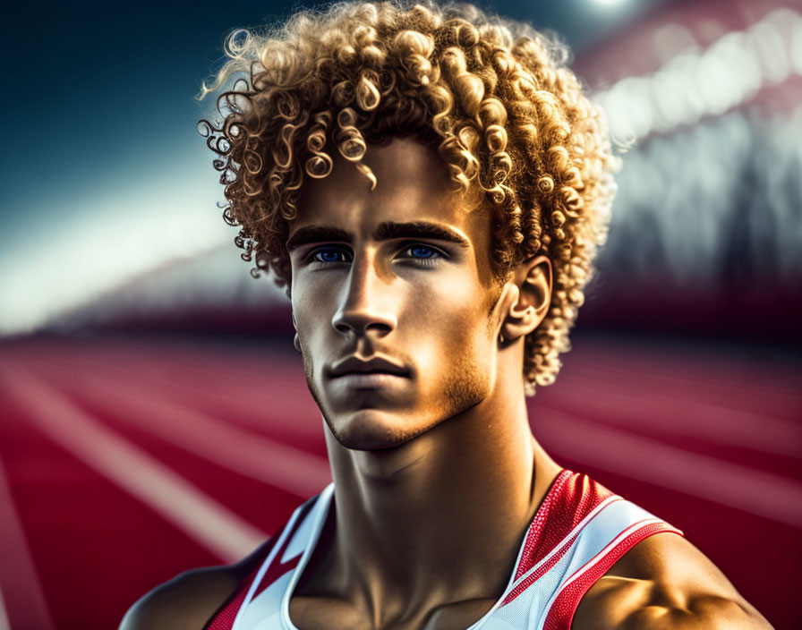 Male athlete with curly blonde hair on track field at sunset